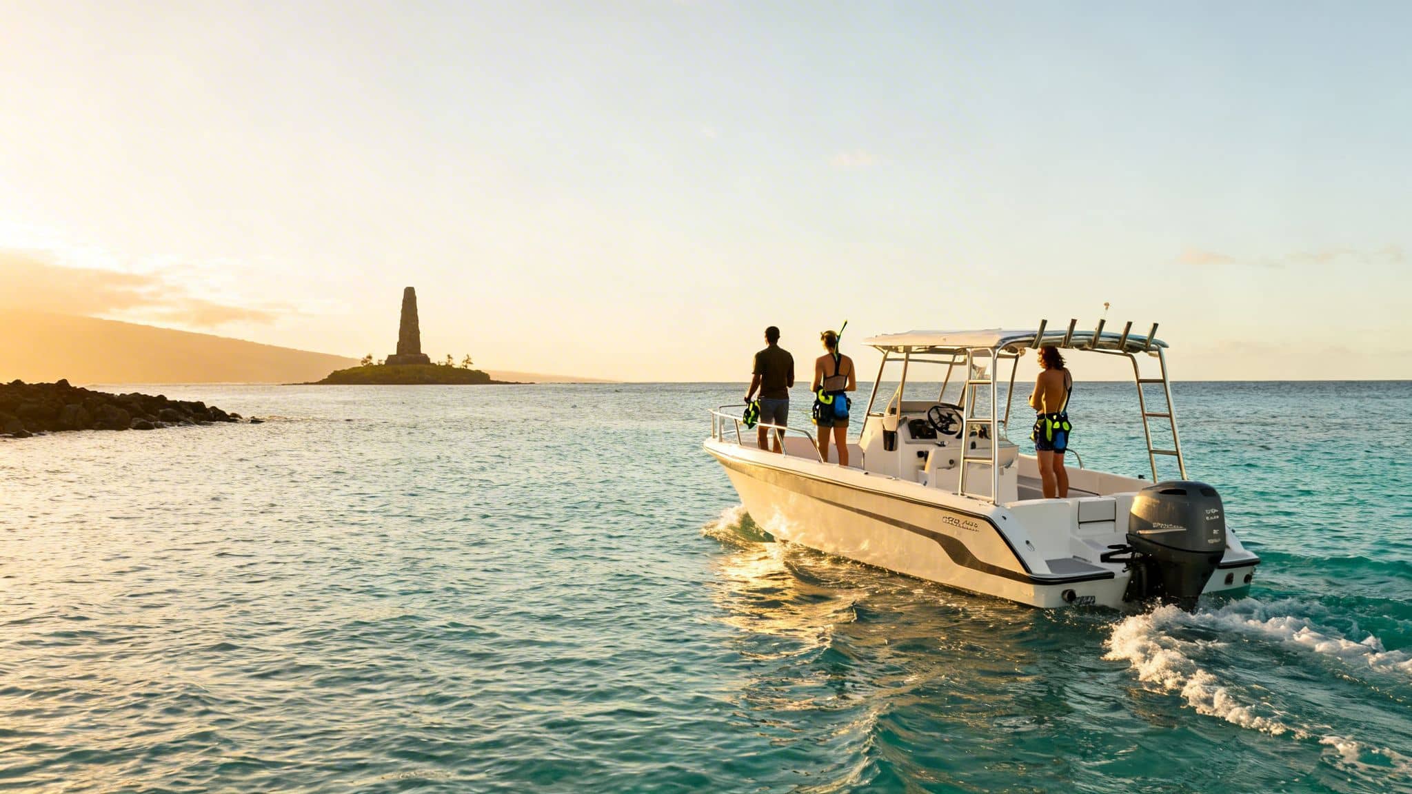 Three people with snorkeling gear on a boat in clear water, with the Captain Cook Monument in the background at sunrise.