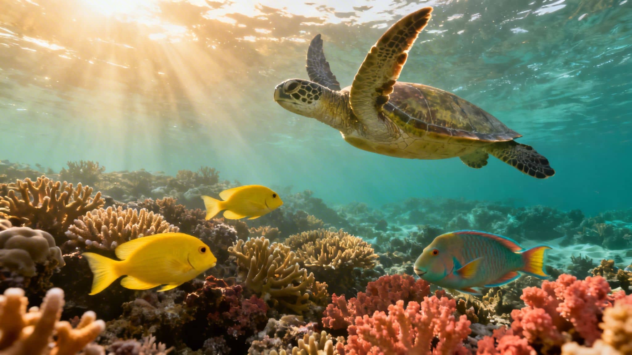 A majestic sea turtle swims above a vibrant coral reef, with colorful fish and sun rays shining through the water.