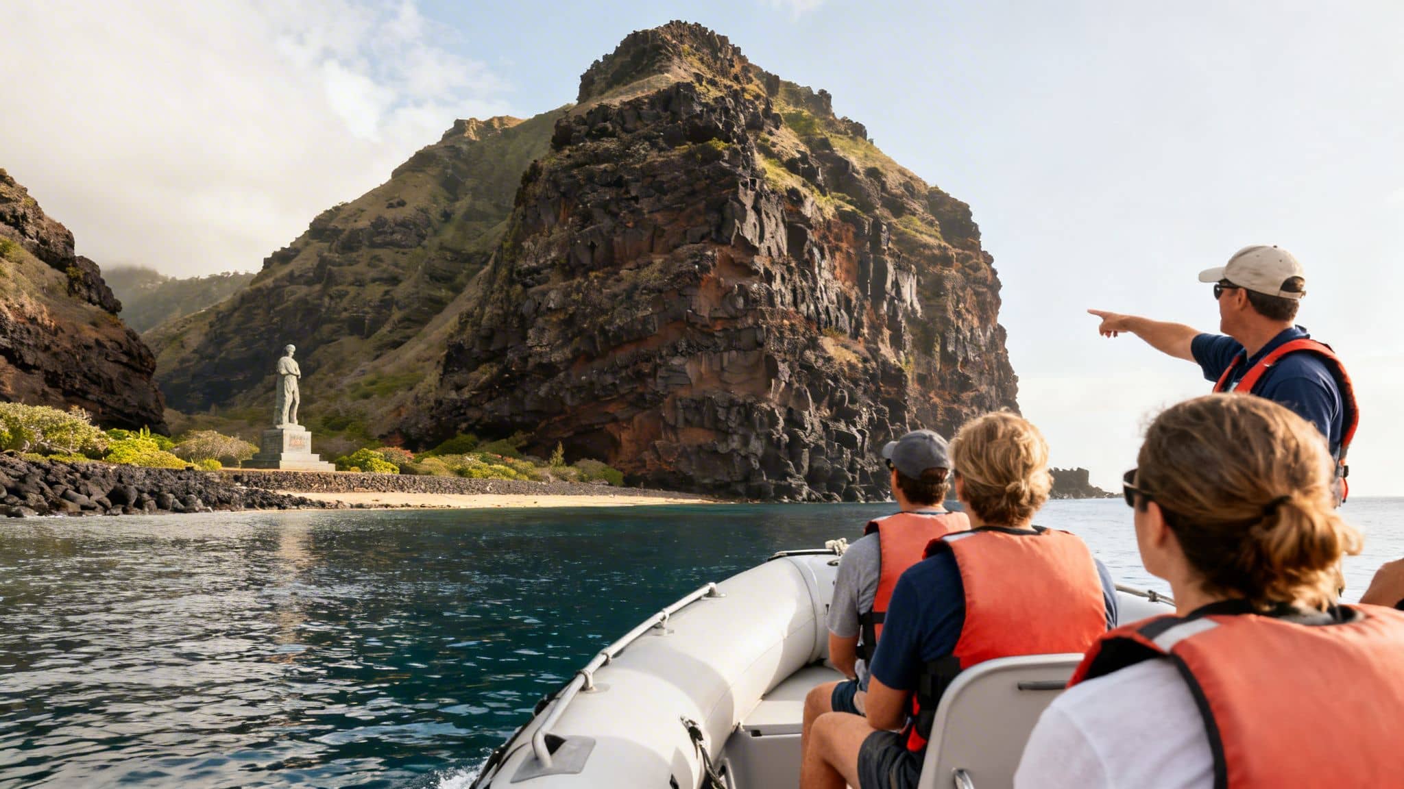 Tourists on a boat with a guide pointing towards a Captain Cook statue on a rocky island coastline.