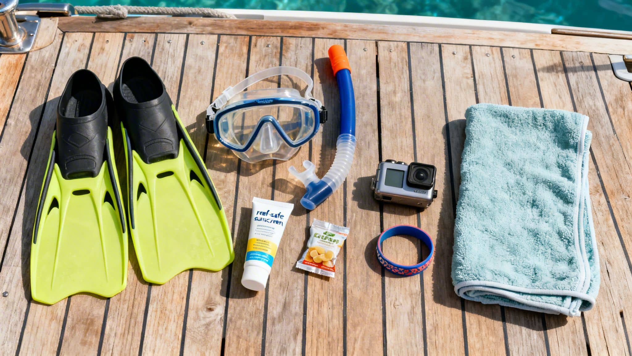 Snorkeling gear and beach essentials laid out on a sunny wooden boat deck near clear water.