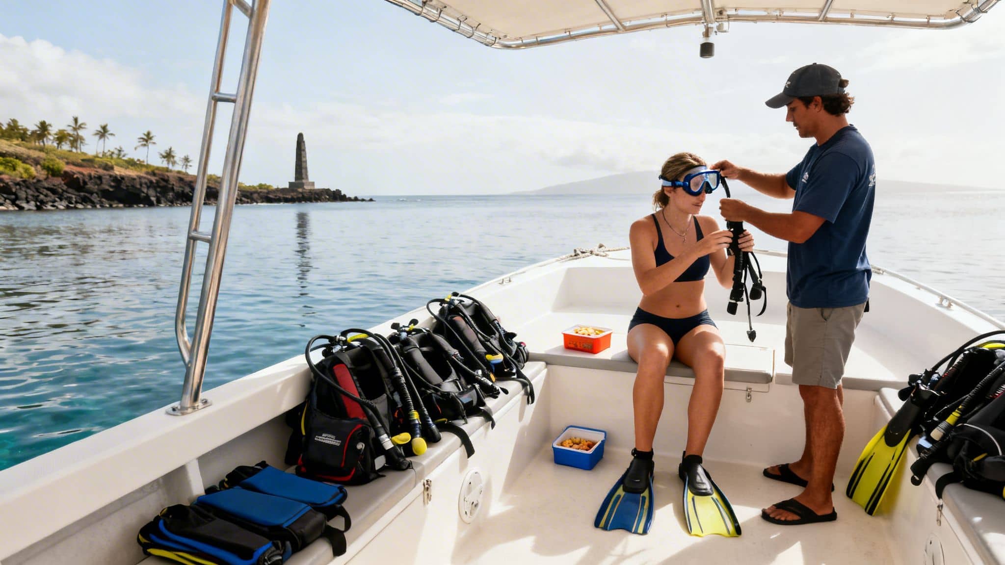 Two people on a boat preparing for a snorkel trip near a monument, with dive gear.