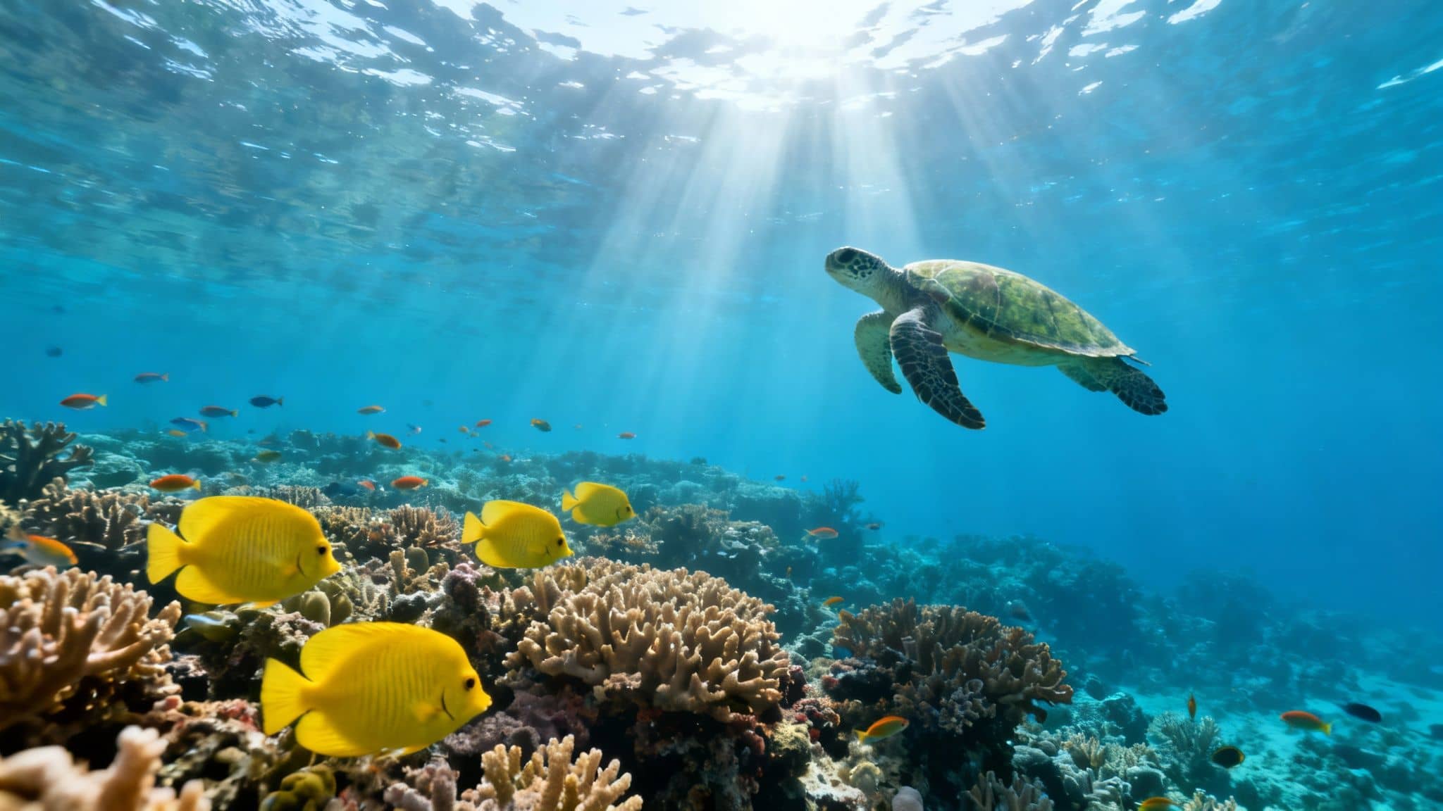 A green sea turtle gracefully swims above a vibrant coral reef, with yellow fish and sun rays.