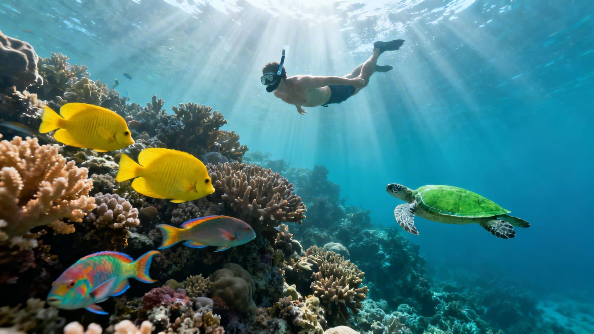 A person snorkeling near a vibrant coral reef, with yellow fish and a sea turtle swimming by.