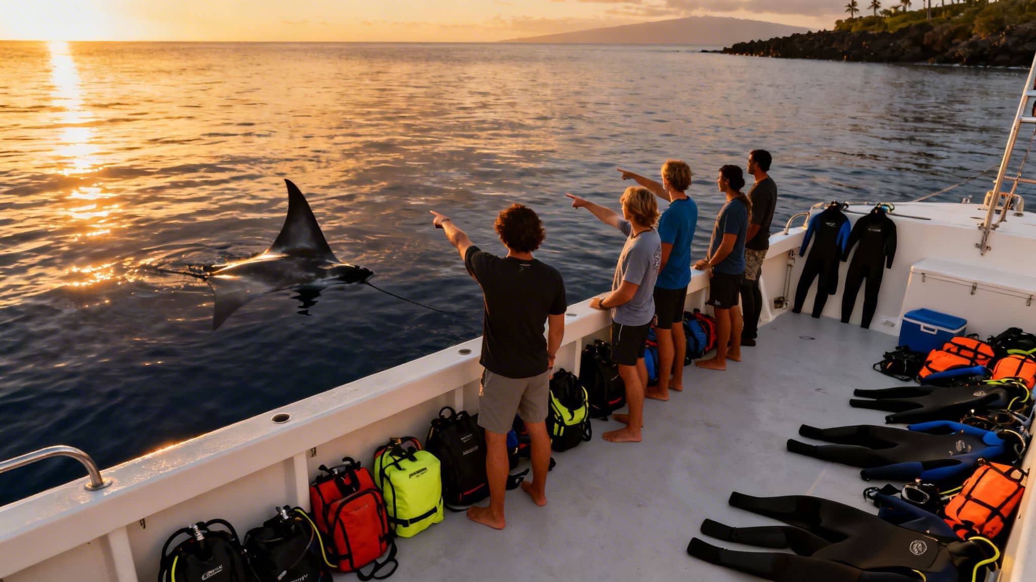 People on a boat pointing at a manta ray swimming in the ocean at sunset.