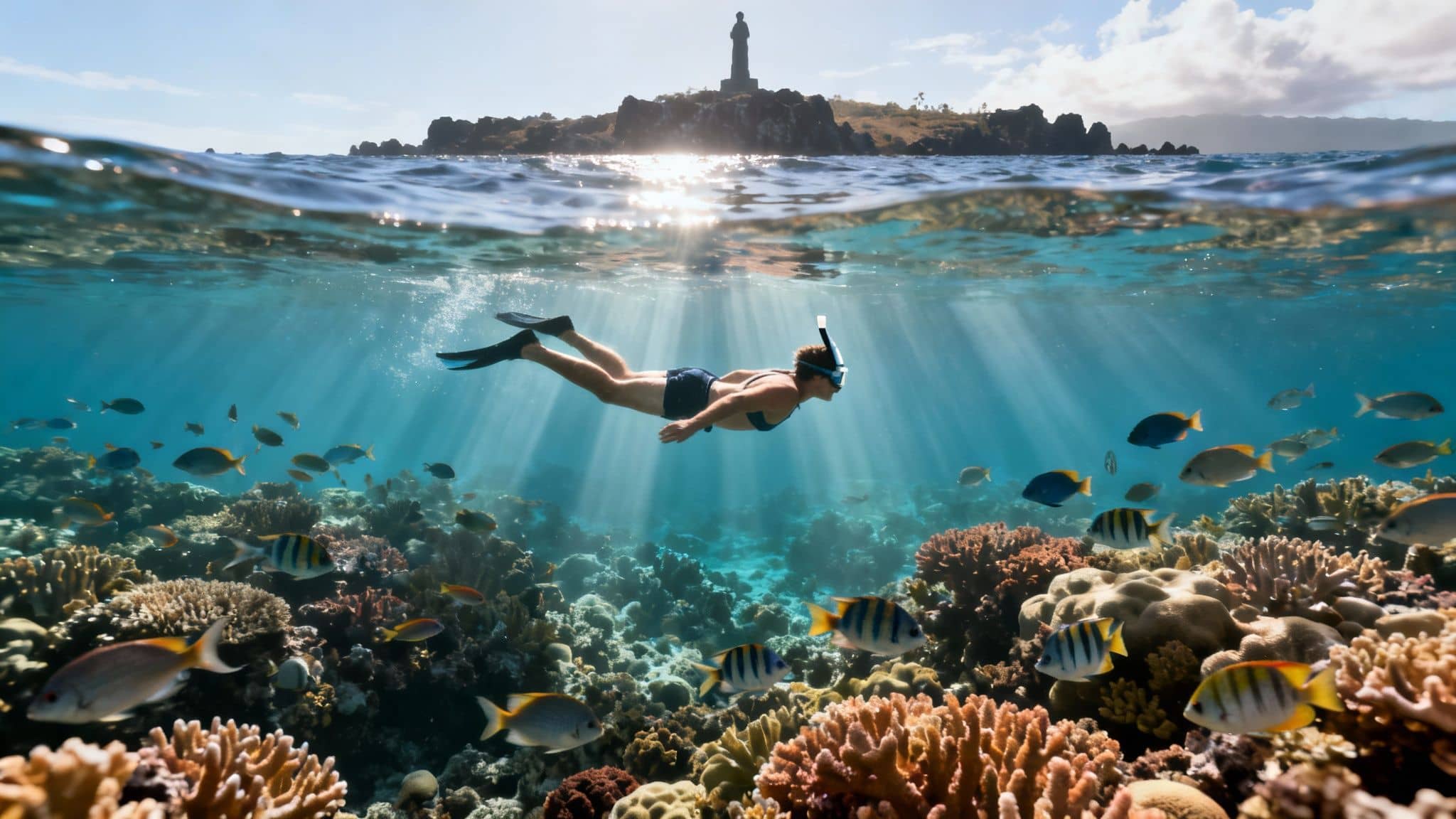 Person snorkeling over a vibrant coral reef with tropical fish, sun rays, and an island above water.