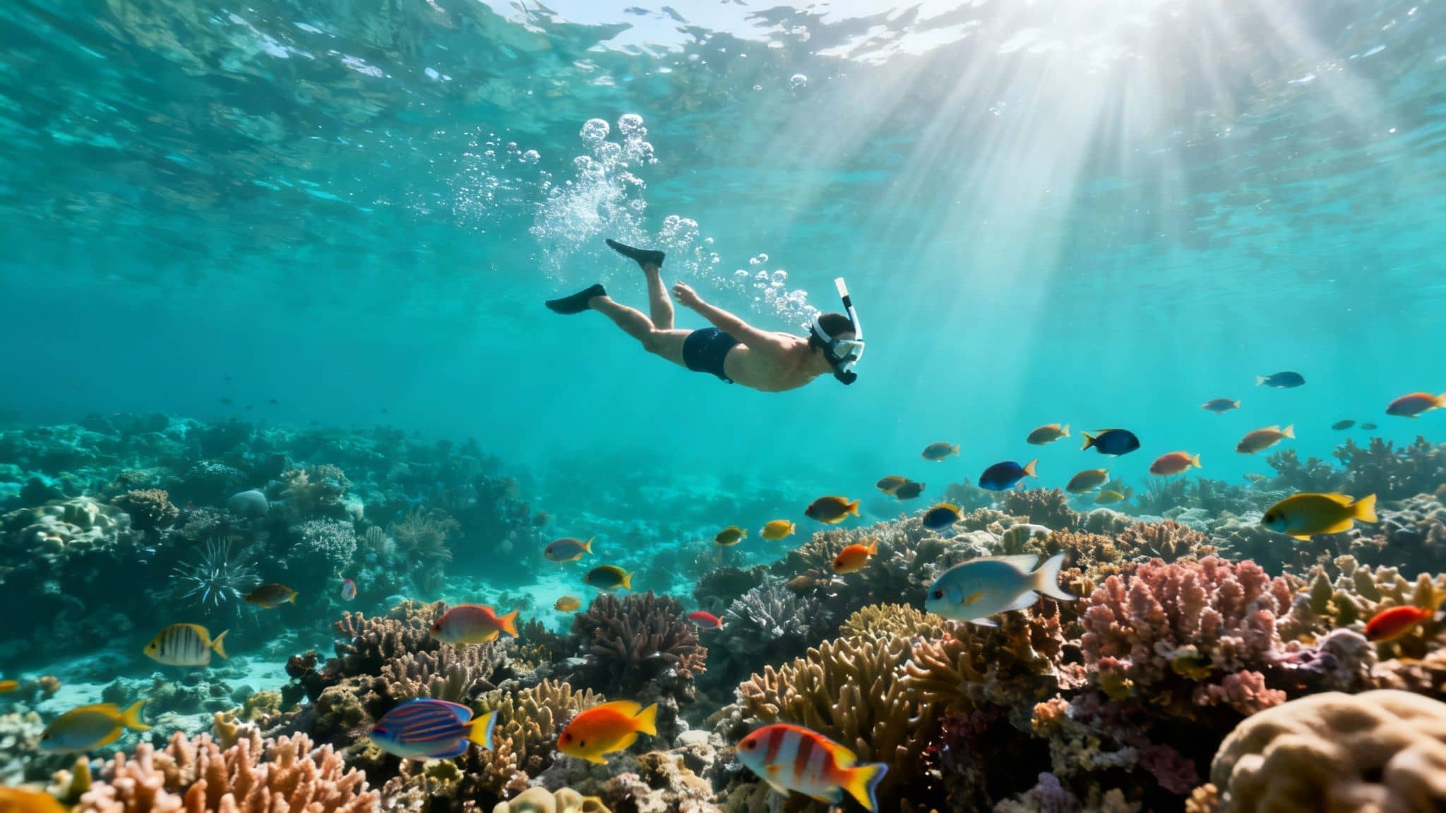 A person snorkeling over a vibrant coral reef teeming with colorful fish under sunlight.