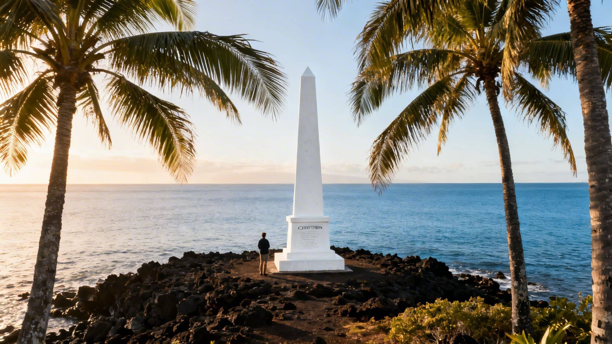 A person views a white obelisk monument on a rocky coast, framed by palm trees at sunset.