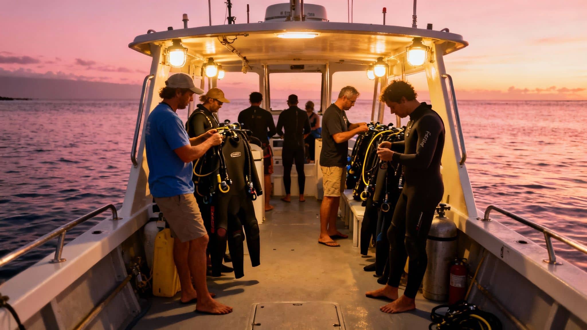 Divers prepare scuba gear on a boat deck during a beautiful pink and orange sunset.
