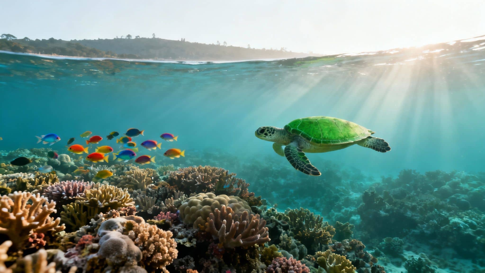 A green sea turtle swims alongside colorful fish over a vibrant coral reef with sunlight. Half above water, an island is visible.