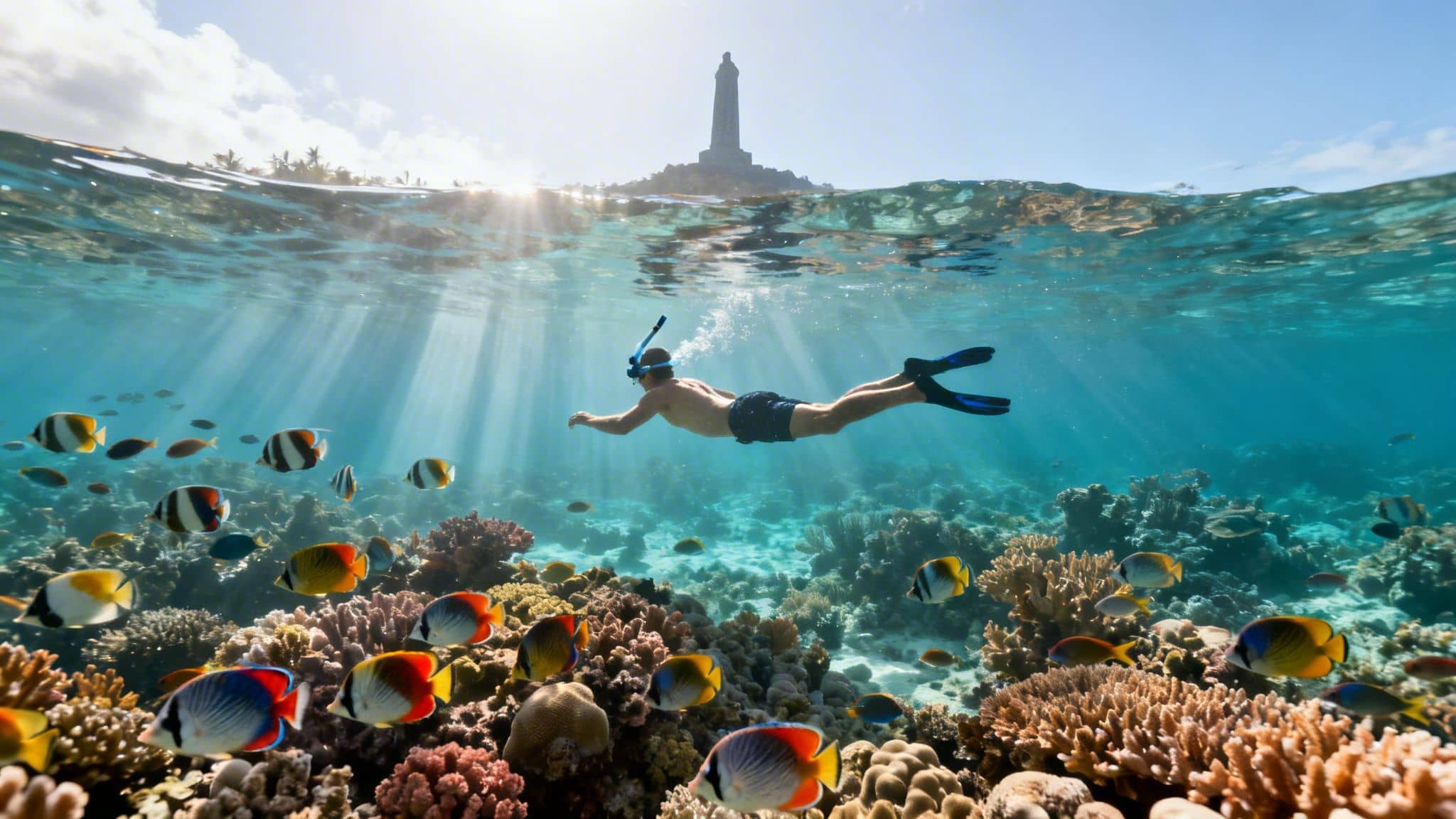 A snorkeler swims among vibrant coral reefs and tropical fish, with a monument visible above the water.