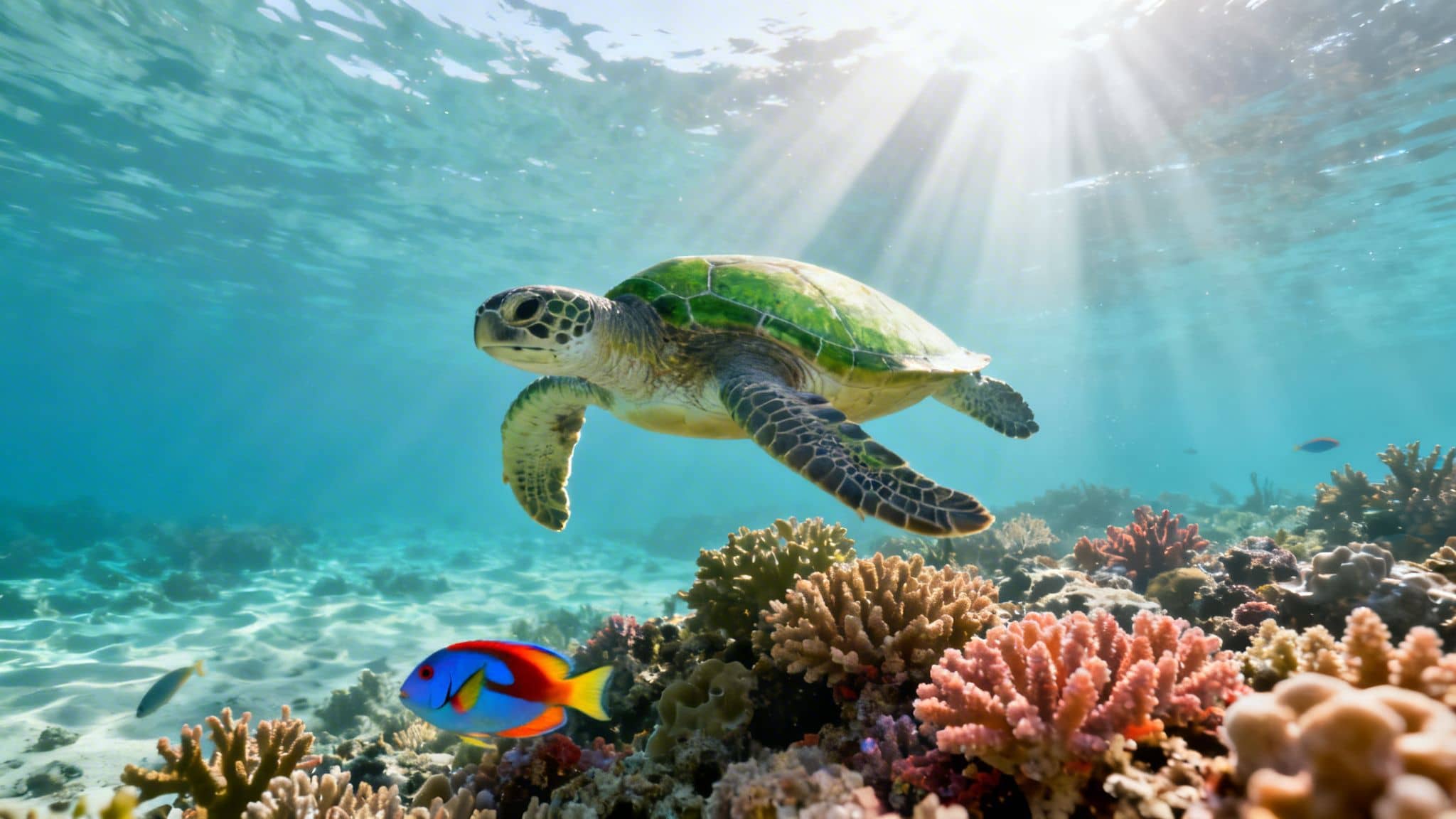 A vibrant underwater scene with a green sea turtle swimming above a colorful coral reef and fish.