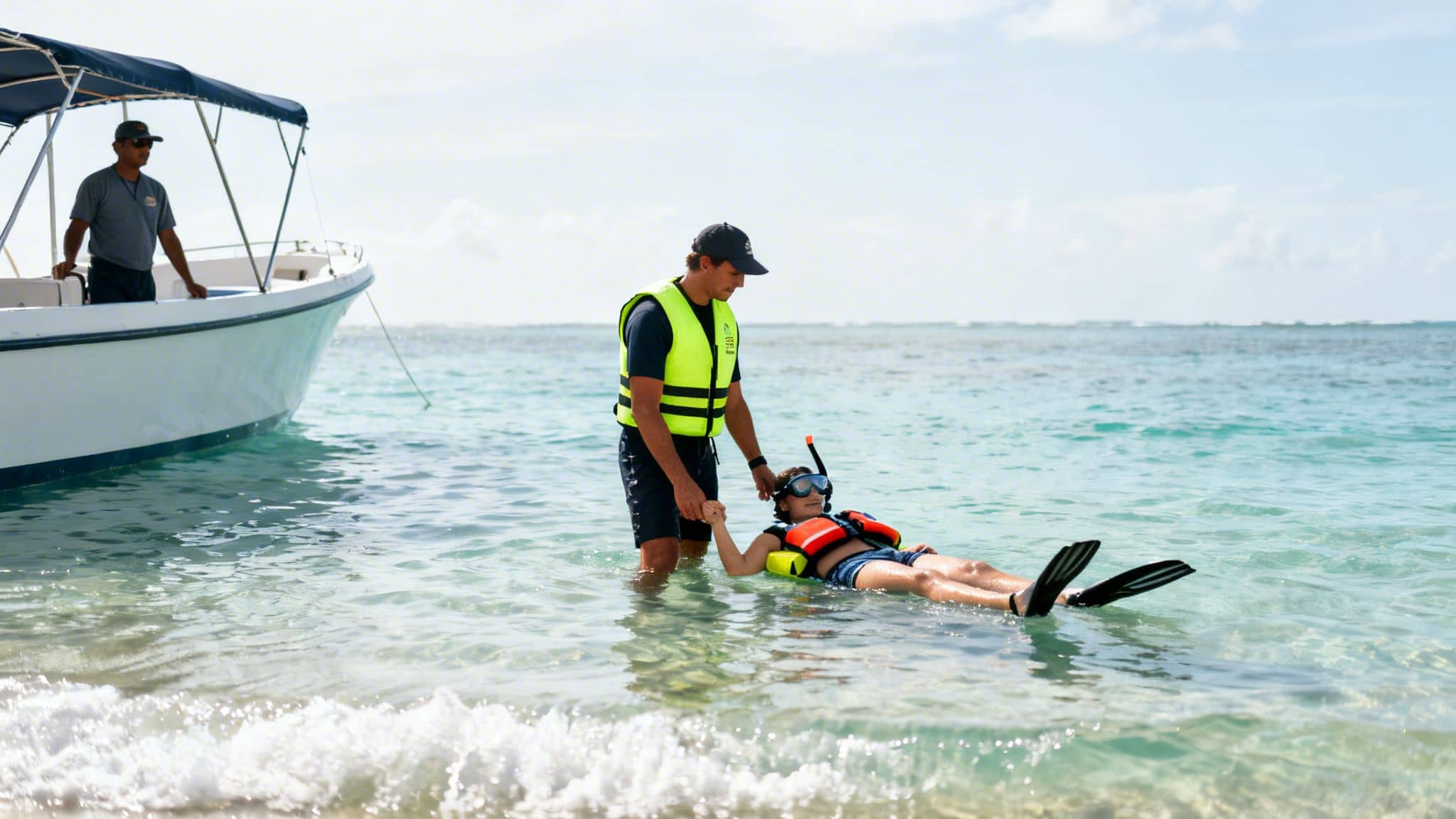 A man helps a child wearing a life vest and snorkel gear float in clear ocean water near a boat.