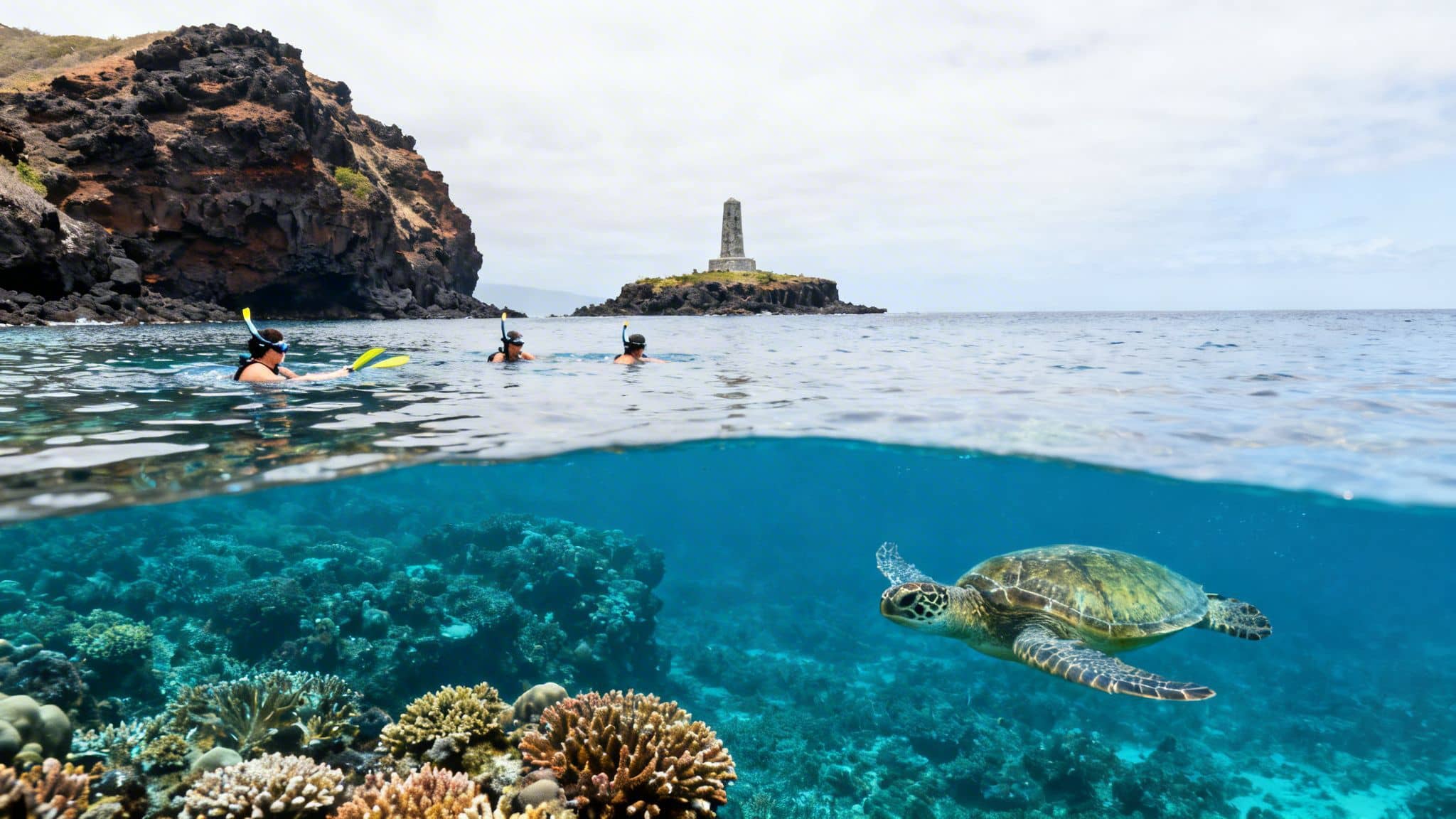 Split-level view of snorkelers and a sea turtle near a monument island and coral reef.