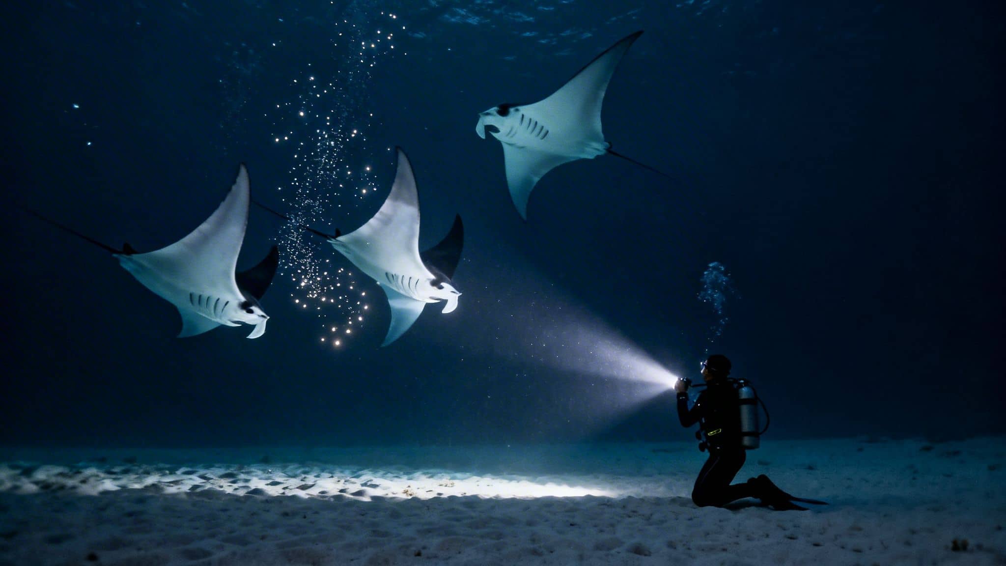 Underwater night dive with a diver shining a light on three majestic manta rays and bioluminescent plankton.