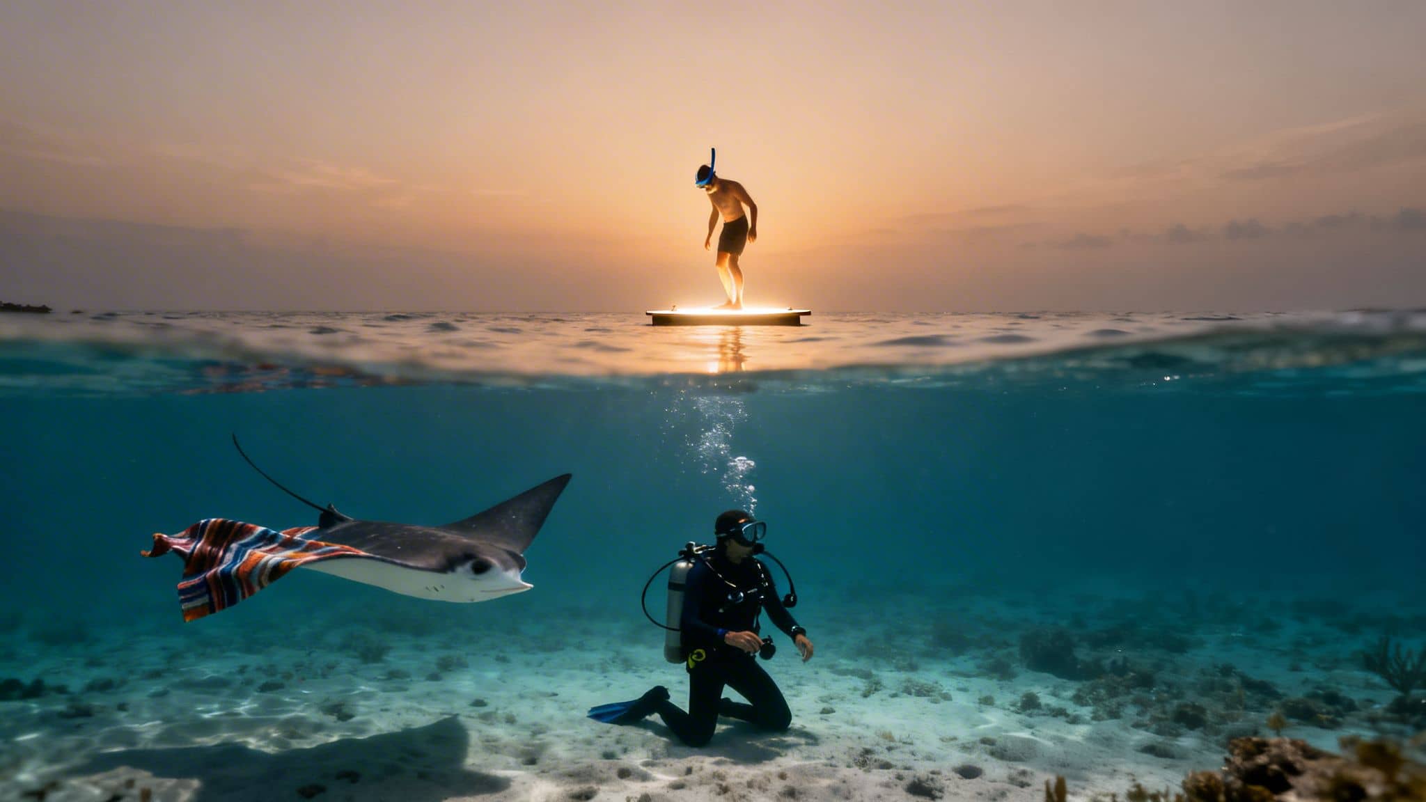 A split image captures a man on a glowing board at sunset and a diver with a manta ray underwater.