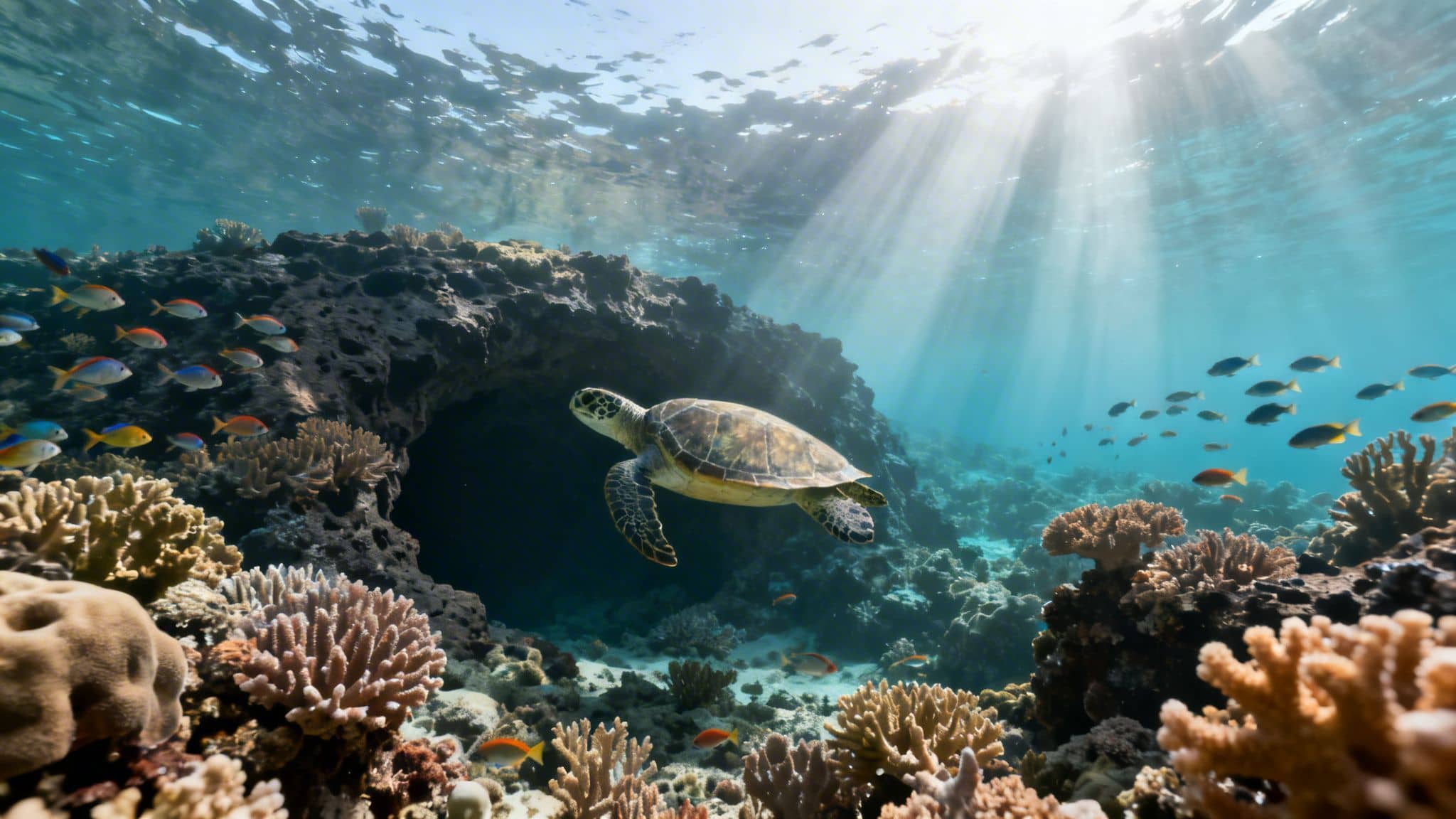 Green sea turtle swimming near a vibrant coral reef with schooling fish and sun rays underwater.