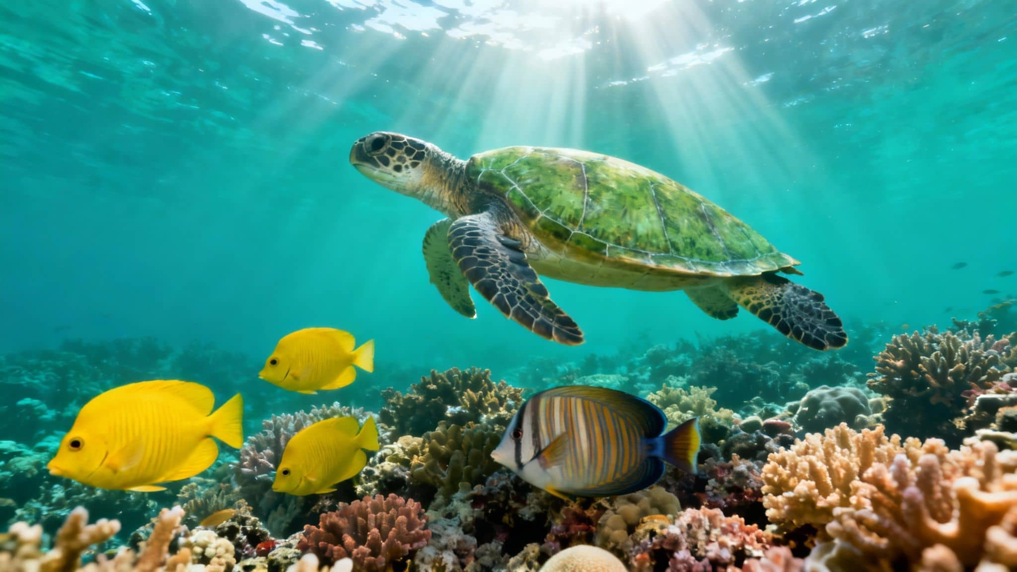 A majestic green sea turtle glides gracefully over a vibrant coral reef with yellow fish and sunbeams.