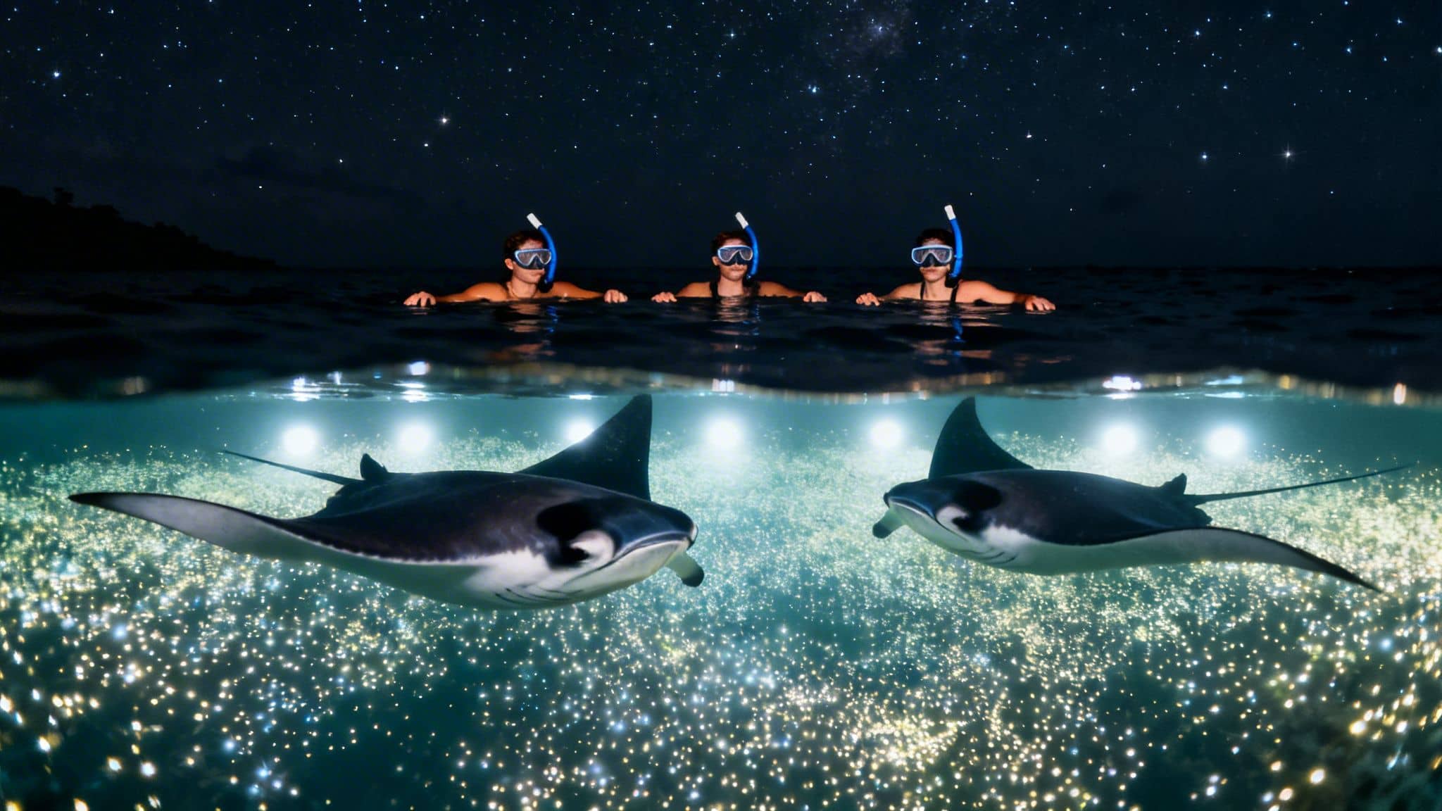 Three snorkelers observe two manta rays swimming in bioluminescent water under a starry night.