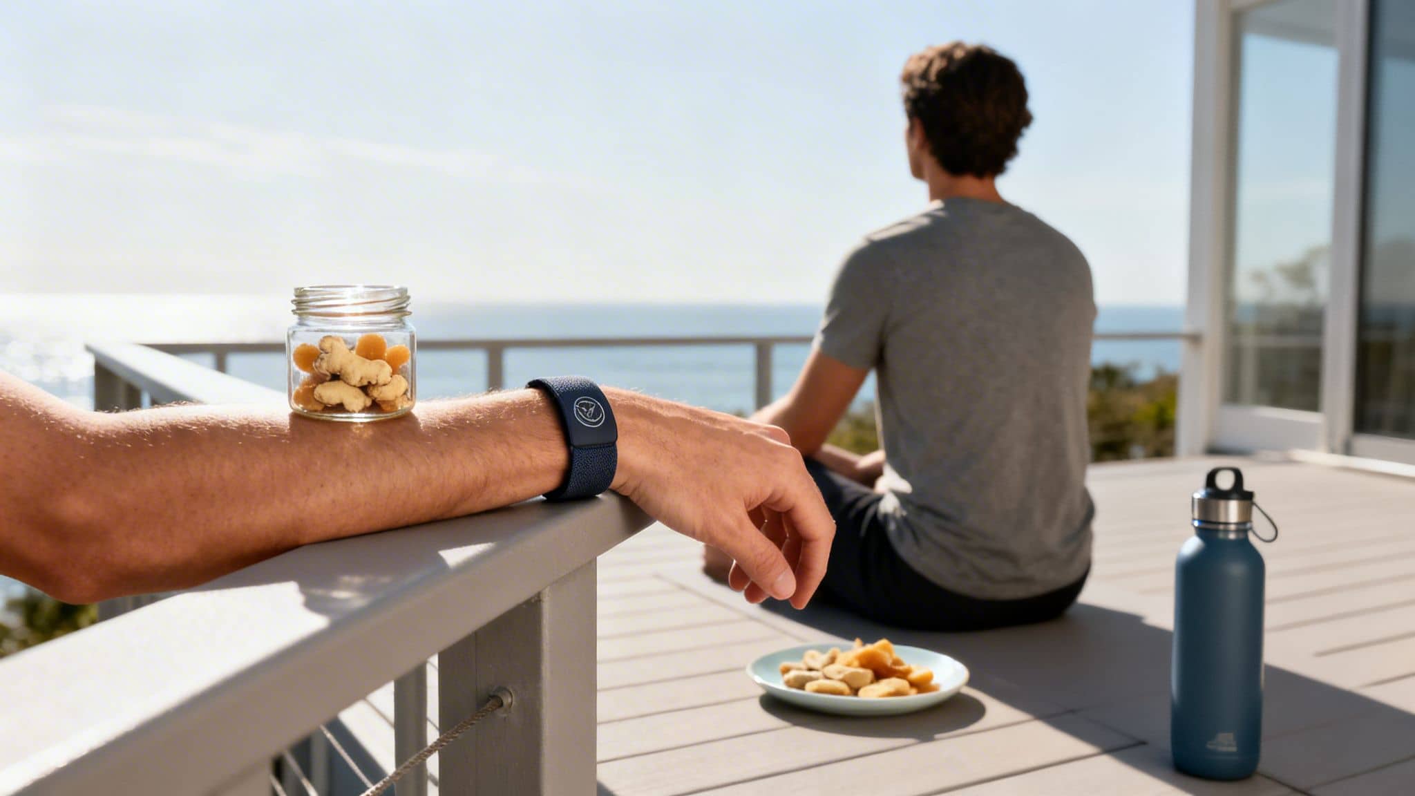 A person on a balcony with a jar of snacks on their arm, overlooking the ocean.