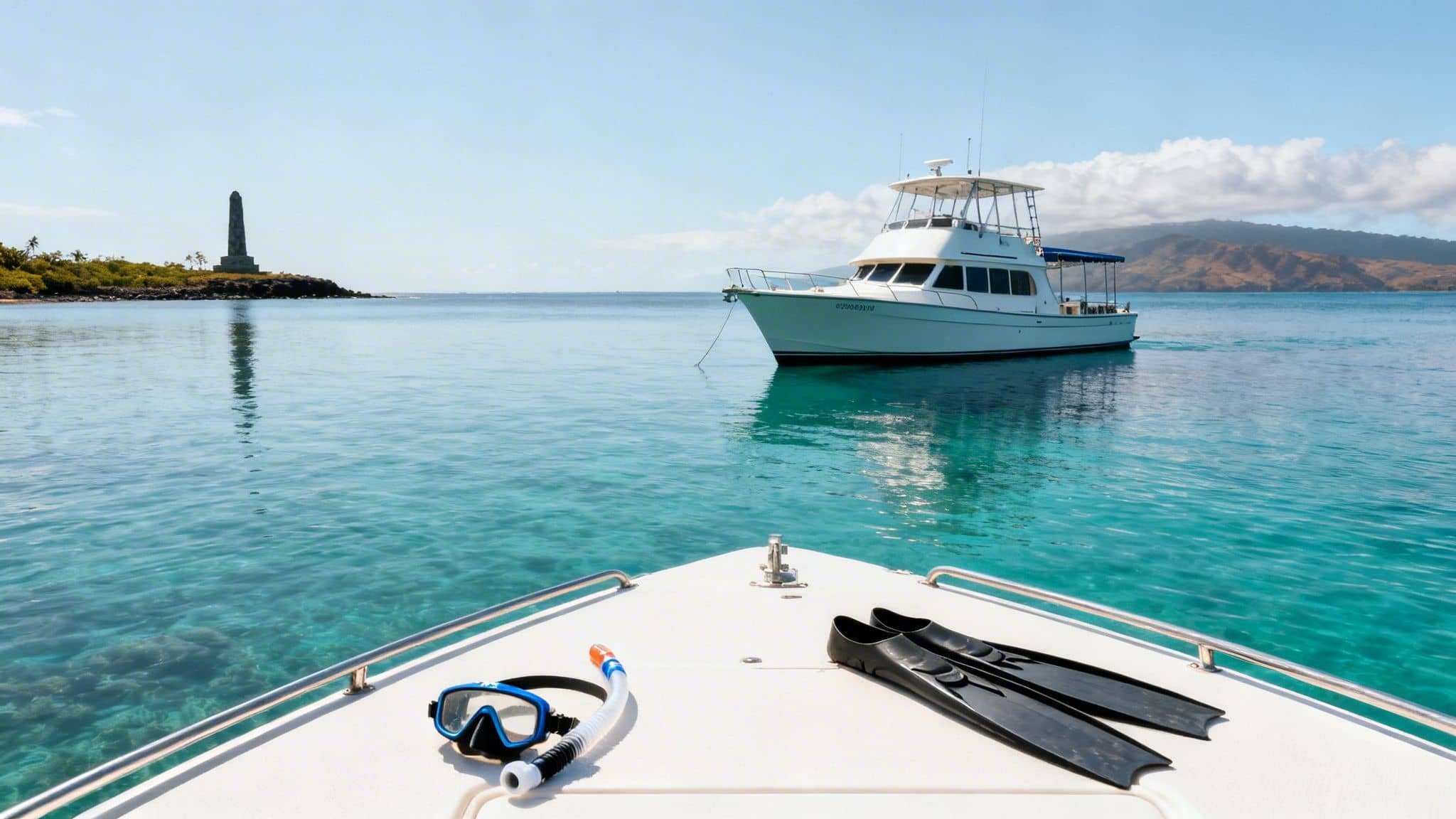 Snorkel gear on a boat deck overlooks clear turquoise water, an anchored yacht, and a coastal monument.