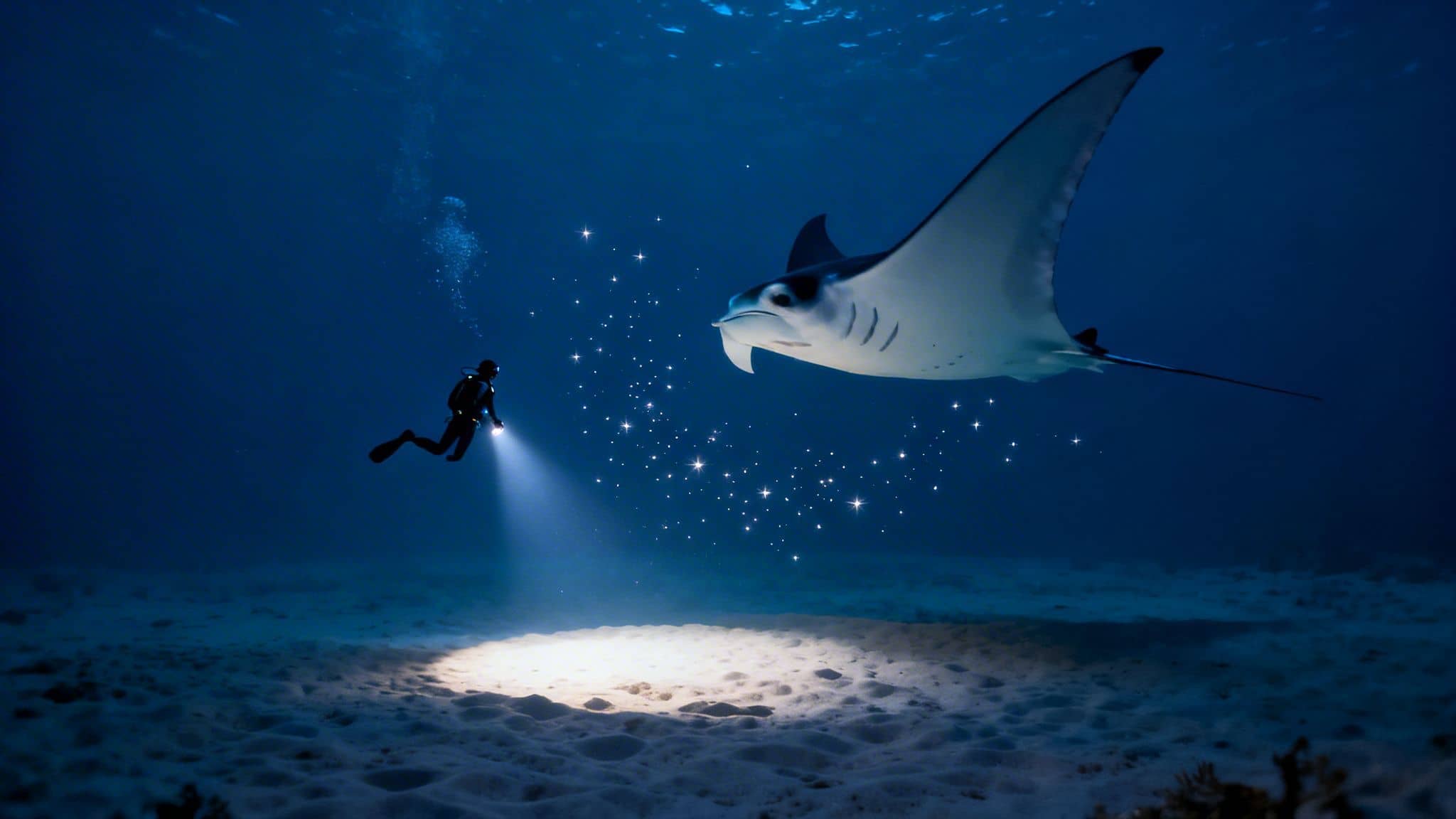 A scuba diver shines a light on a majestic manta ray in the dark ocean at night.