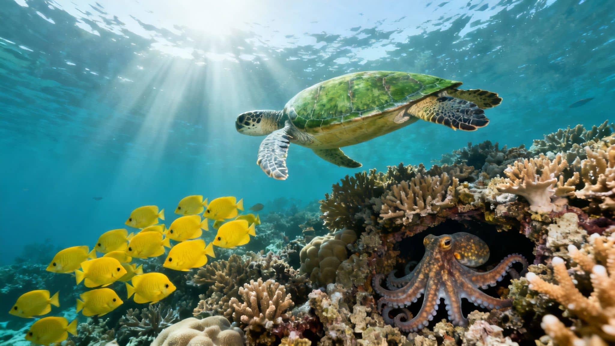 A vibrant underwater scene with a green sea turtle, a school of yellow fish, and an octopus among coral reefs.