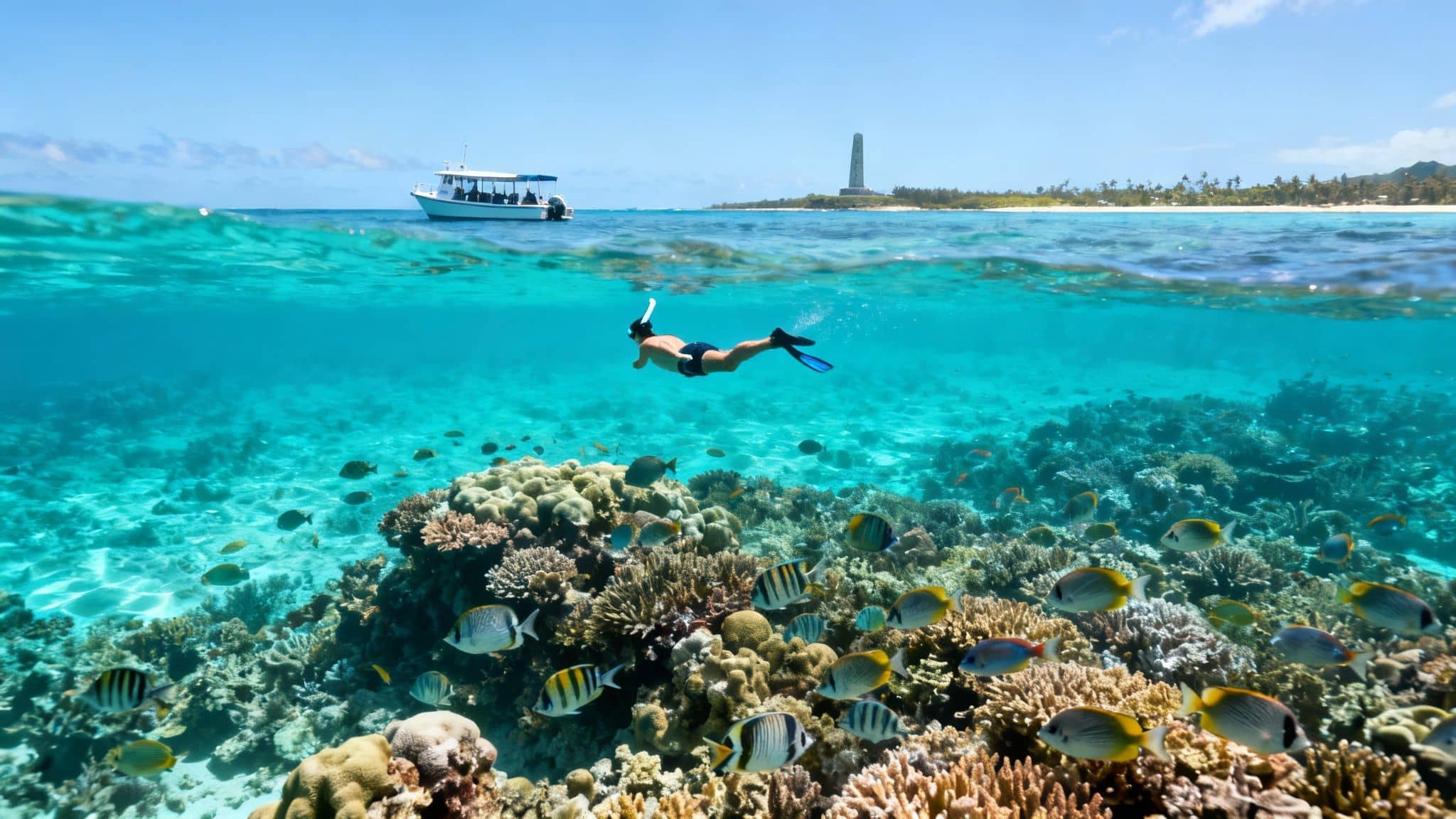 Split image showing a snorkeler exploring a vibrant coral reef underwater and a boat near an island above.