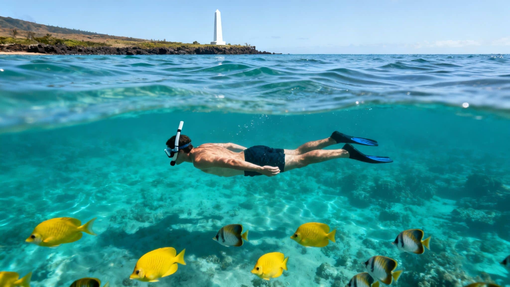 A man snorkeling in clear blue water with tropical fish, a lighthouse and island in the background.