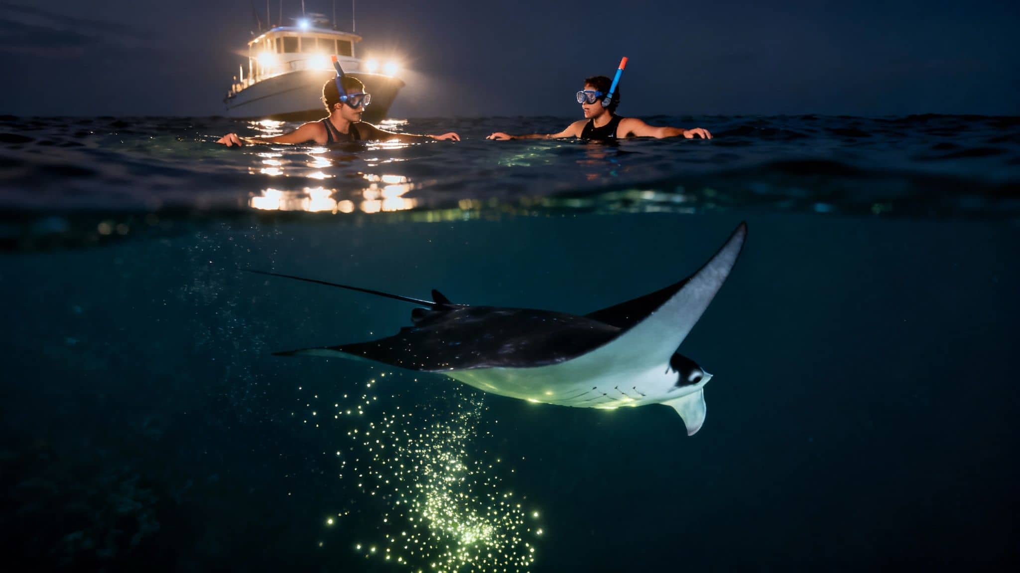 Two snorkelers observe a majestic manta ray glowing underwater at night, illuminated by a boat.