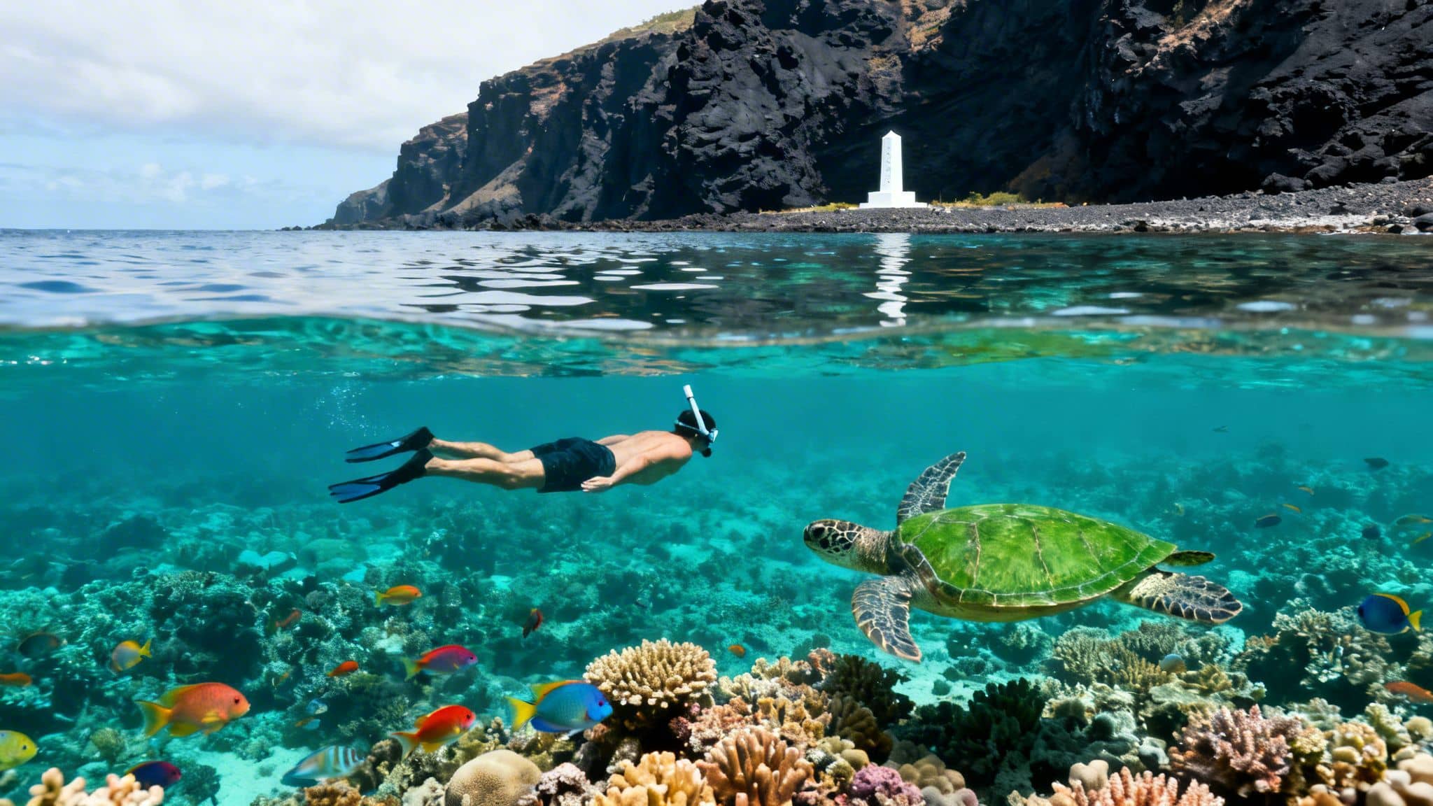 A split-level view shows a man snorkeling with a sea turtle over a coral reef, island and monument above water.