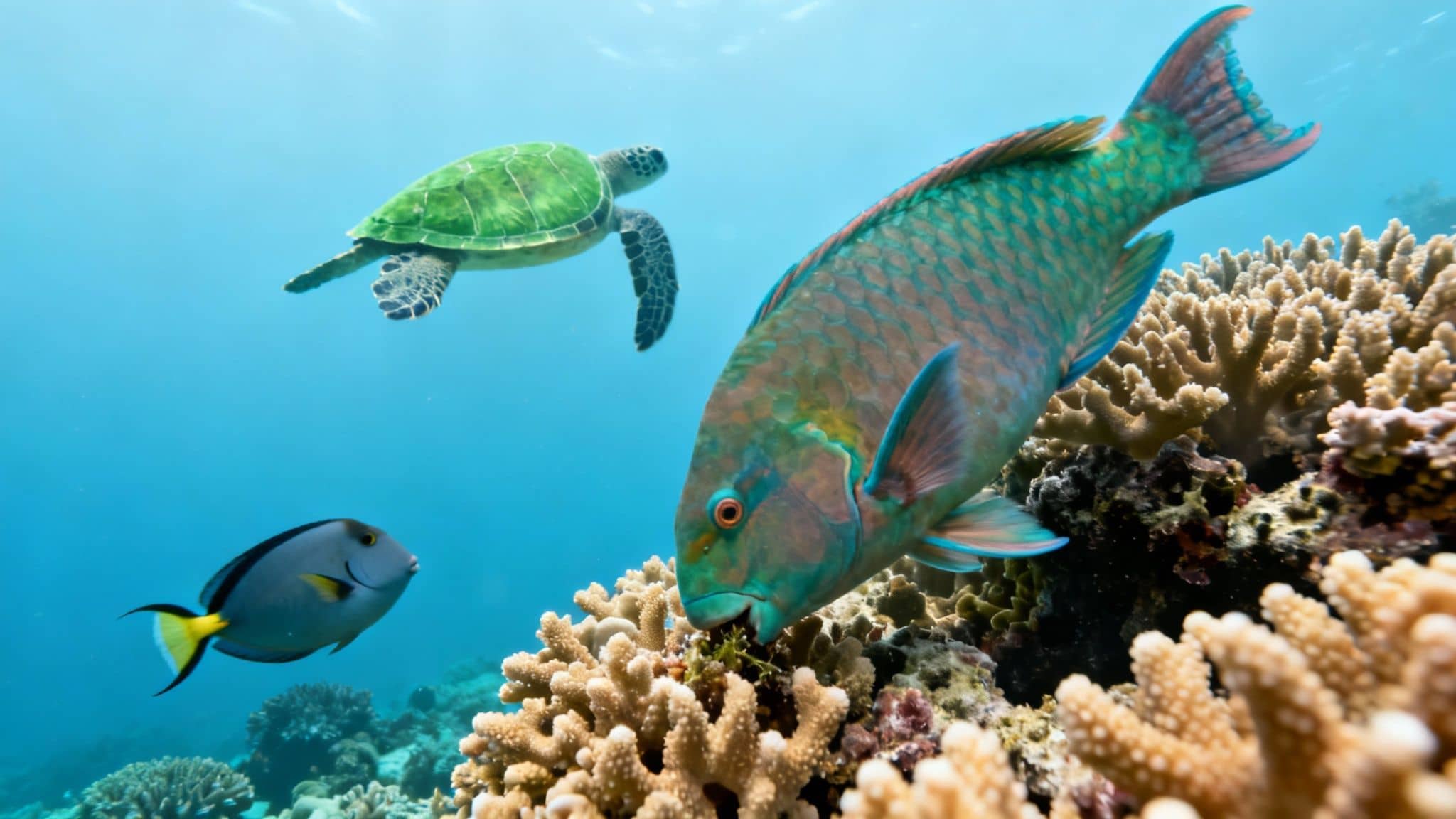 Underwater scene with a green sea turtle, colorful parrotfish, and a yellow-tailed fish swimming among coral reefs.