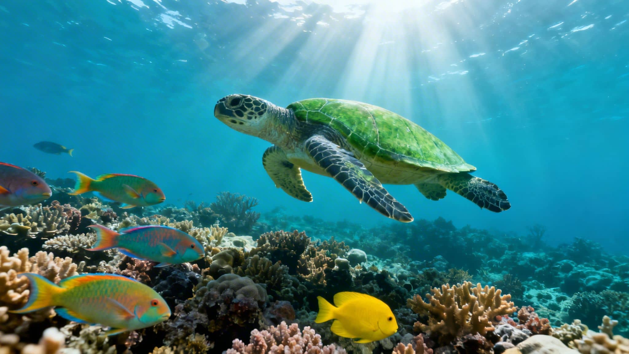 A vibrant underwater scene with a green sea turtle swimming above a coral reef, surrounded by colorful fish and sun rays.