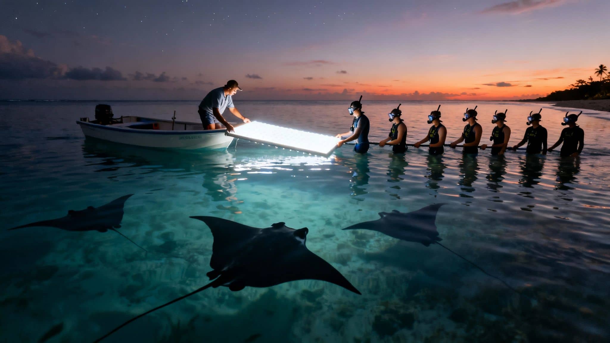 Group of people night snorkeling with manta rays near a boat and illuminated panel at dusk.