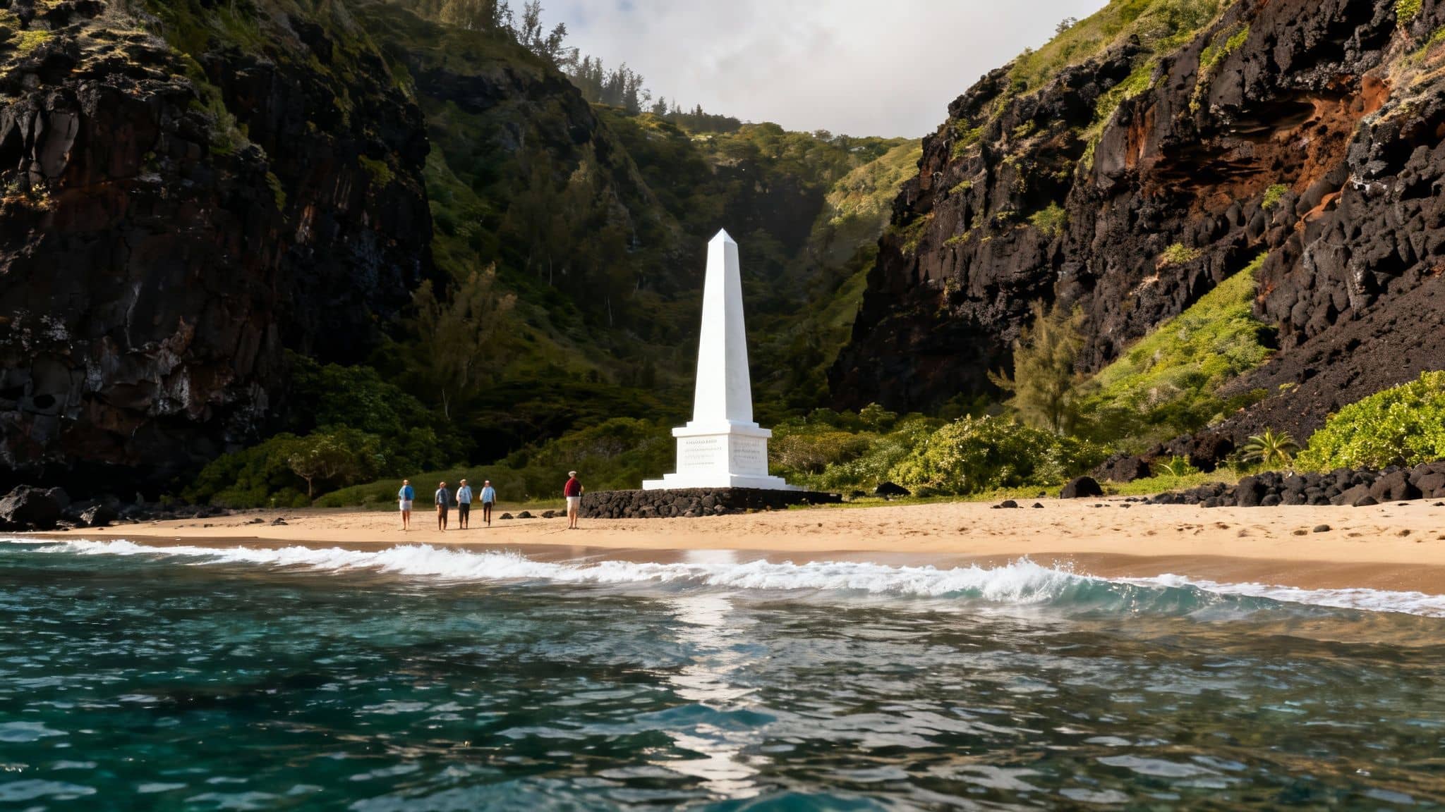 Visitors gather on a sandy beach by a white obelisk monument, framed by majestic cliffs and clear ocean water.