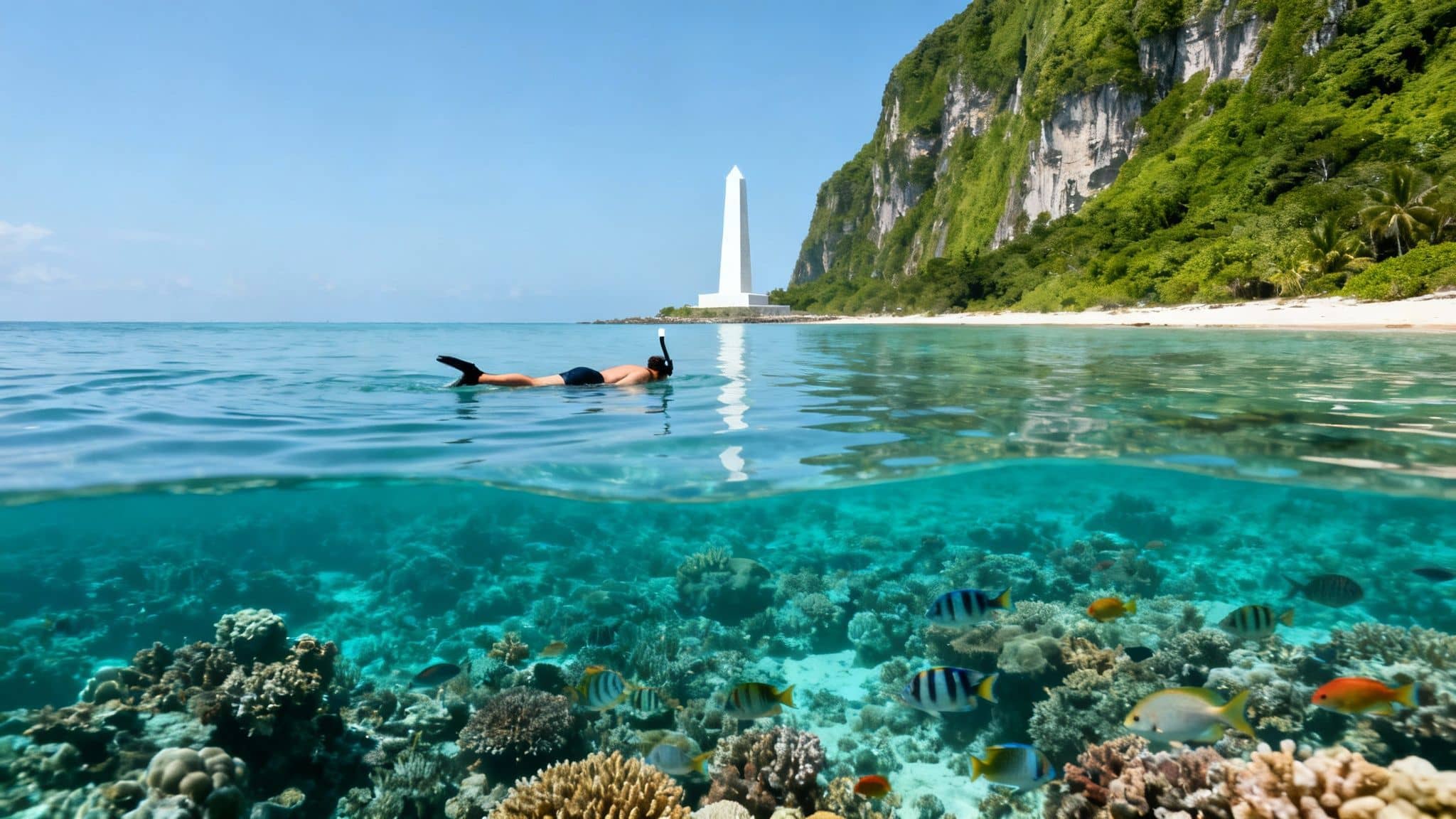 Split view of a person snorkeling near a white monument, a green cliff, and a vibrant coral reef with fish.