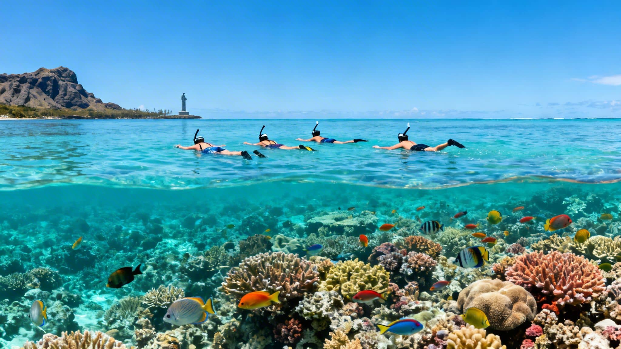 Over-under shot of snorkelers in clear tropical water above a vibrant coral reef and fish.