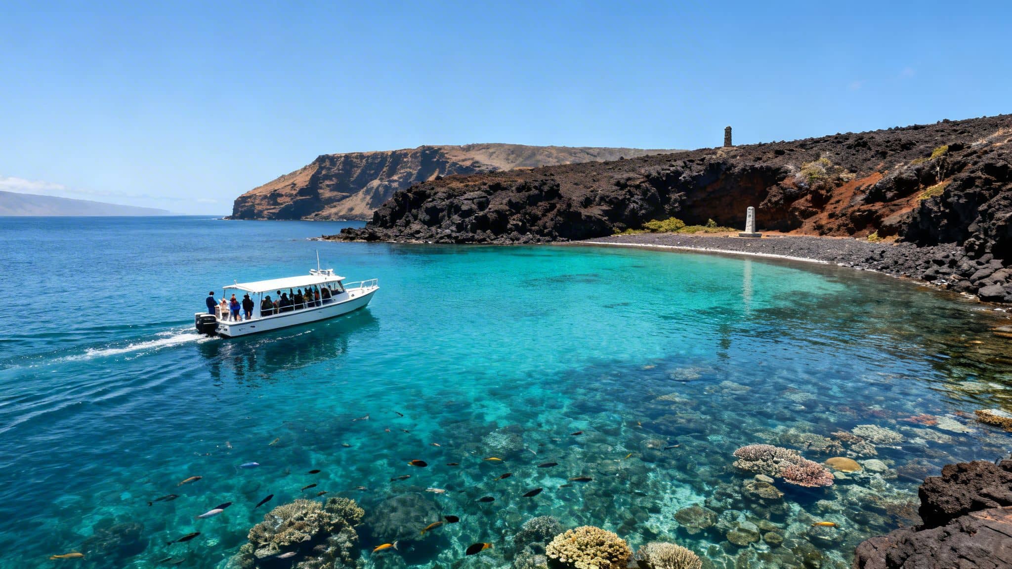 A boat with snorkelers navigates vibrant clear blue waters teeming with coral and fish near a volcanic coastline.