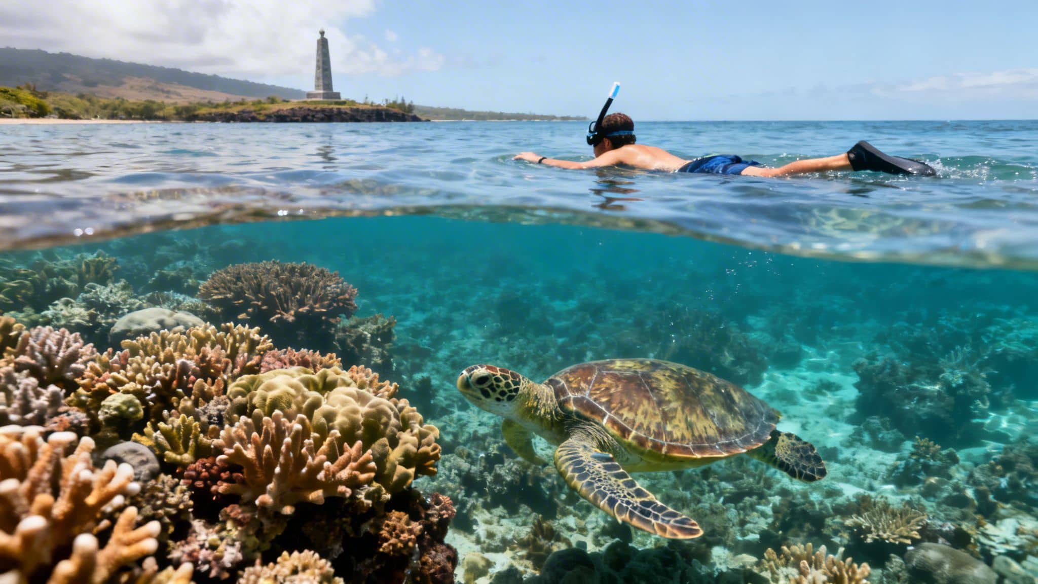 A person snorkeling above a vibrant coral reef and green sea turtle, with a distant monument.