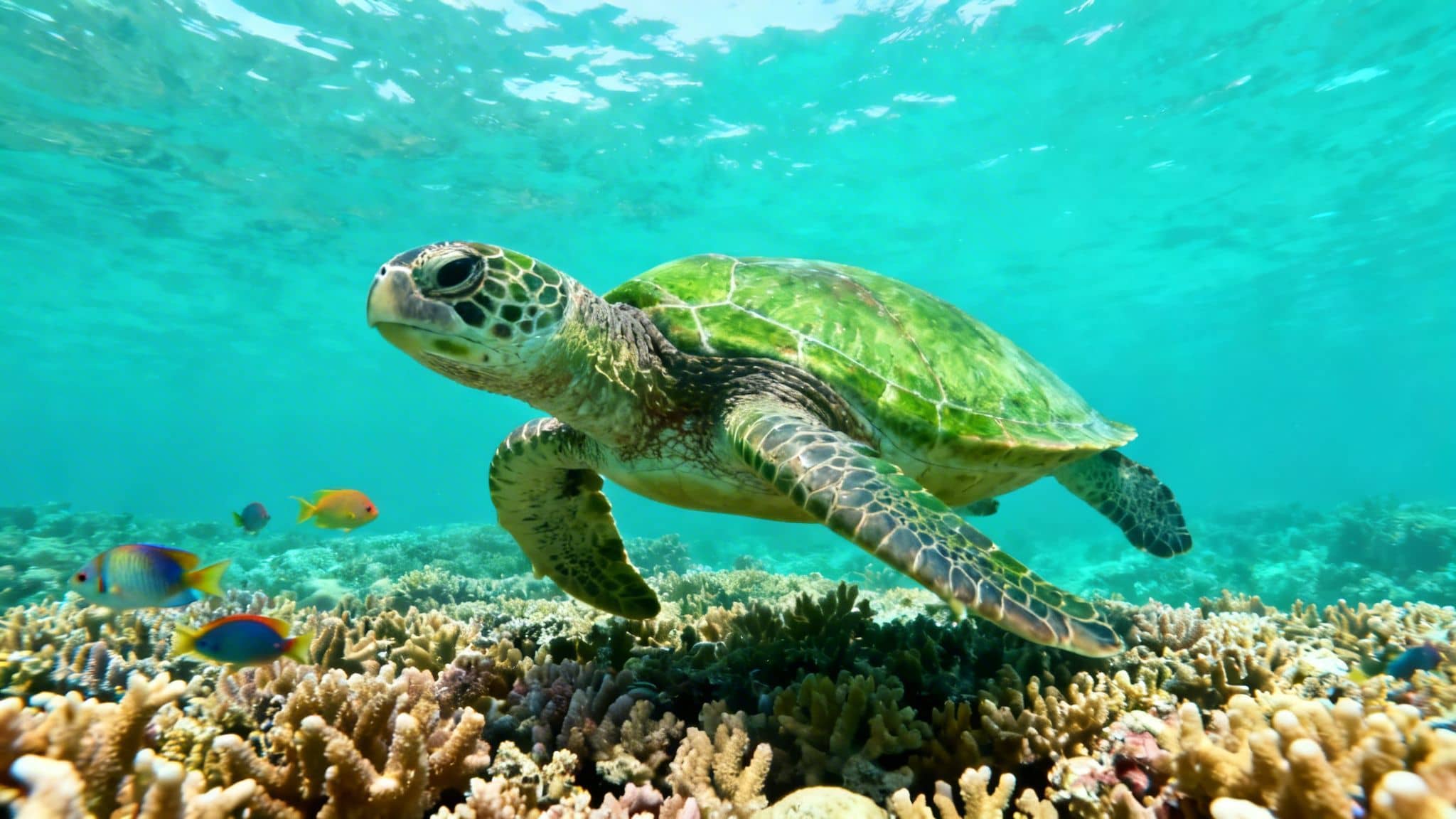 A green sea turtle swims gracefully over a vibrant coral reef with colorful fish.