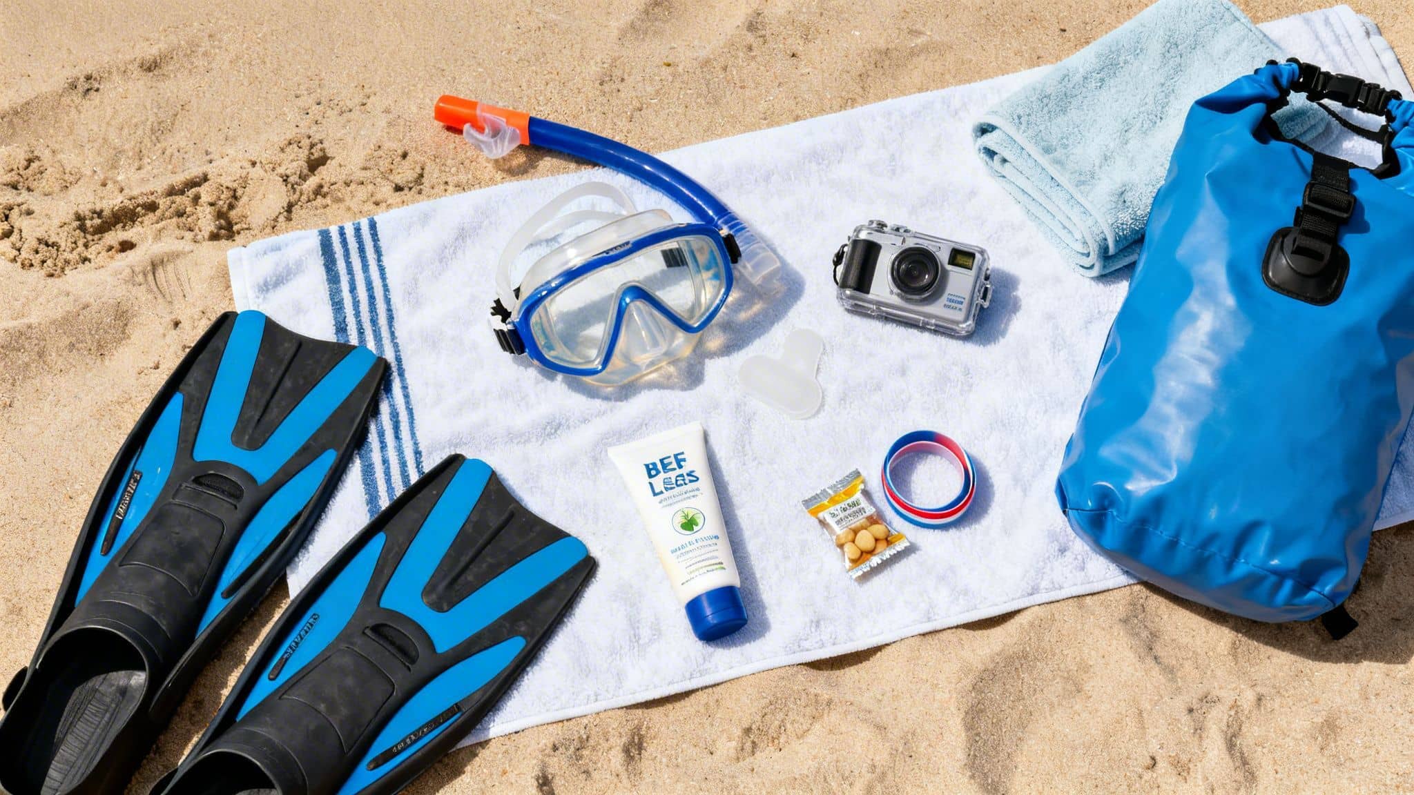 Snorkeling fins, mask, snorkel, and beach essentials laid out on a towel on the sand.