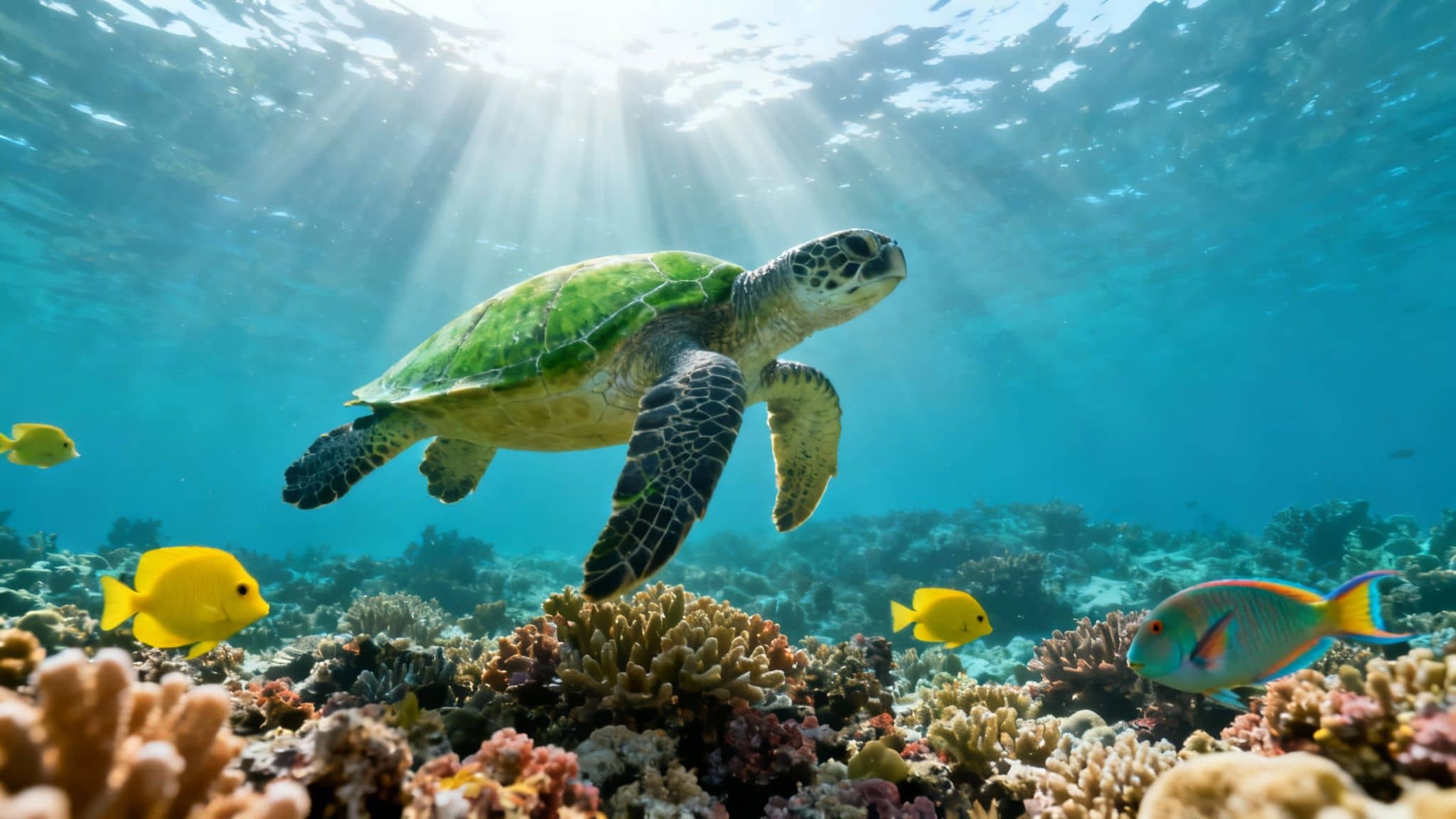 A green sea turtle swims gracefully above a vibrant coral reef with colorful fish and sun rays.