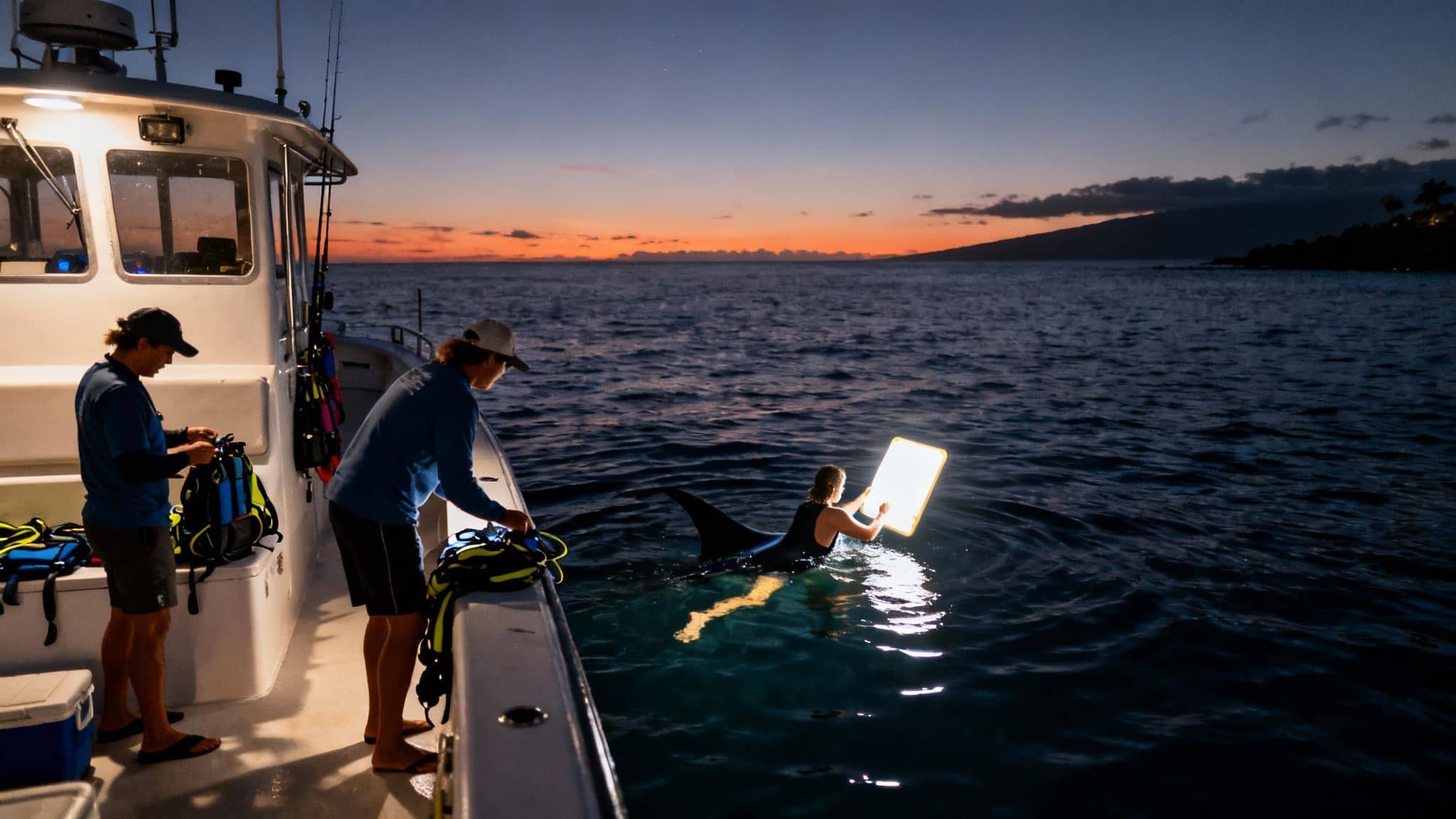 People prepare on a boat and in the water for a night swim with a manta ray.