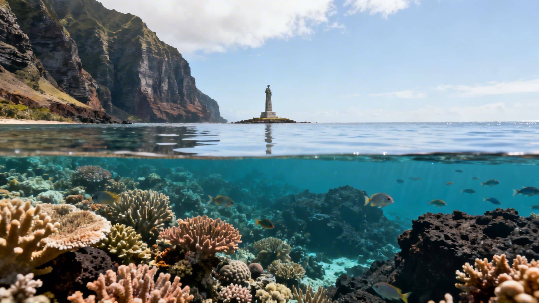 Stunning split view of ocean: rugged cliffs, a lighthouse, and a vibrant coral reef with fish.