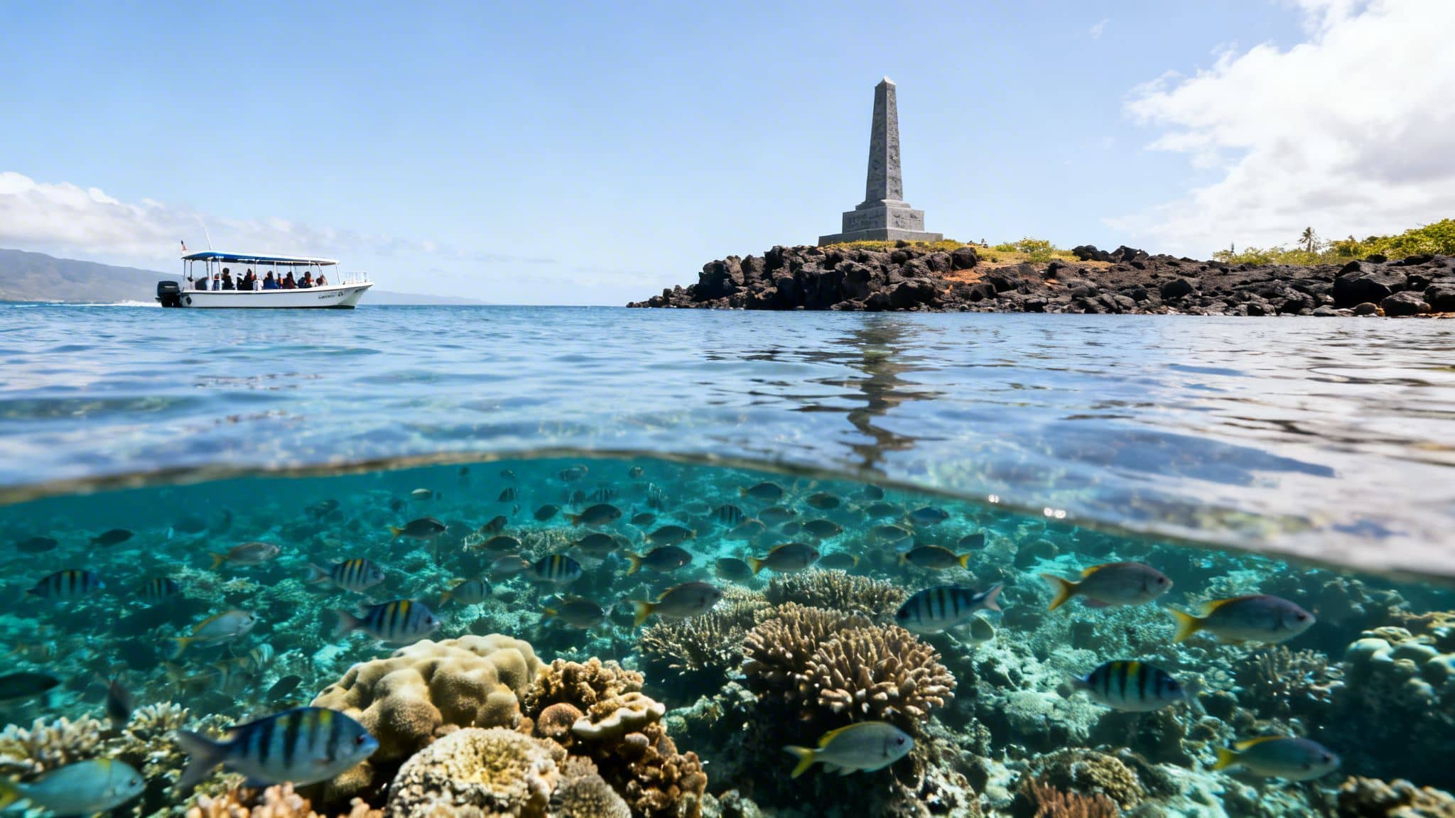 Vibrant coral reef teeming with fish below water, and a tour boat near an island monument above.