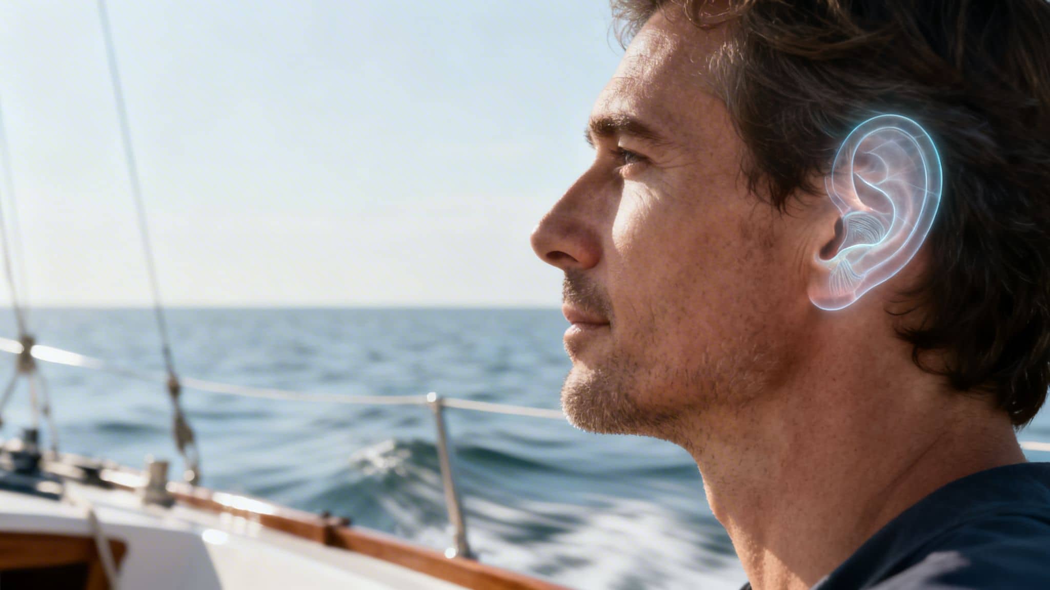 Man on a boat with a glowing ear, symbolizing enhanced hearing or ear health on the sea.