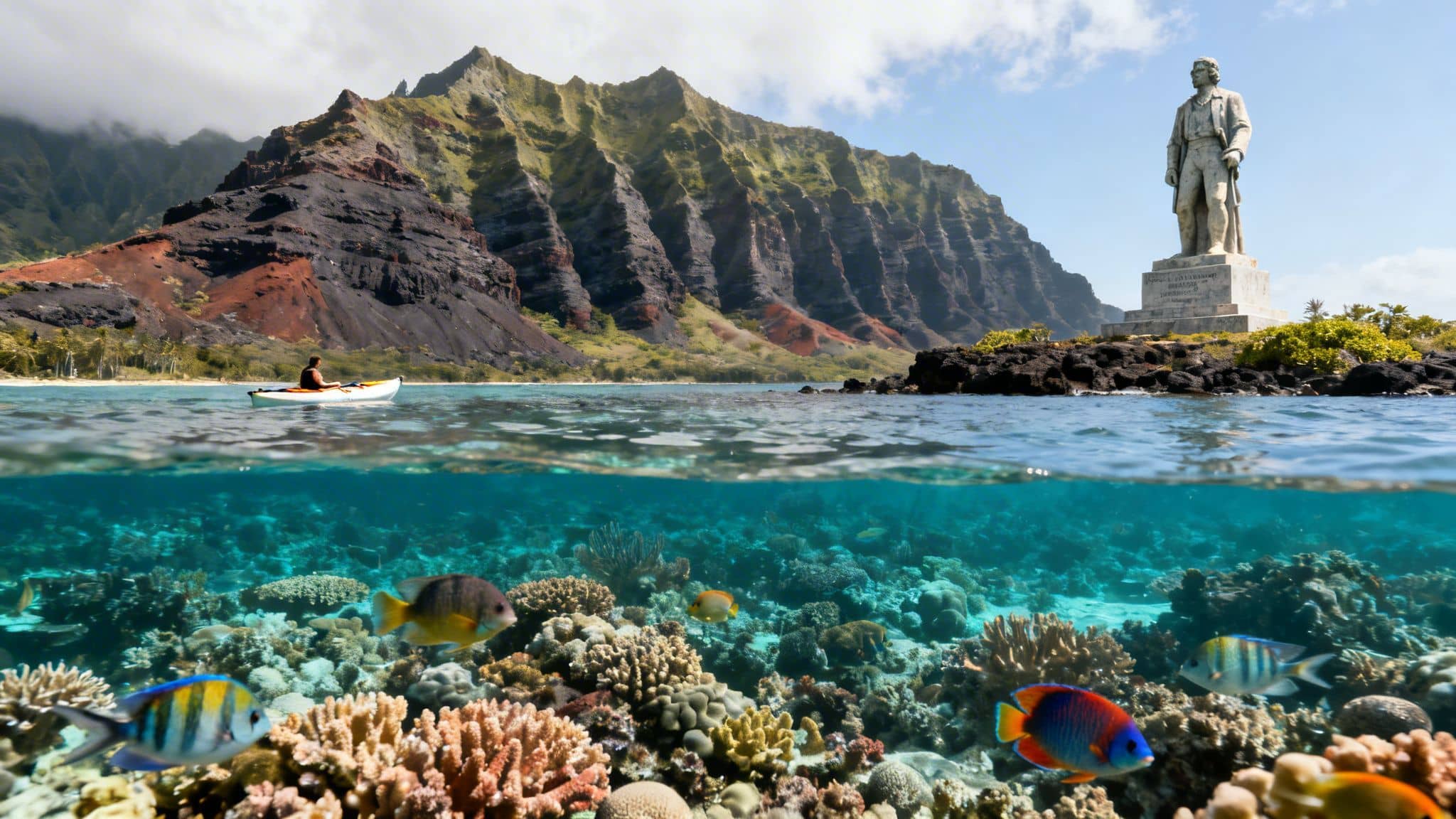Split-level view showing a kayaker, a statue, and mountains above, with vibrant coral and fish below.