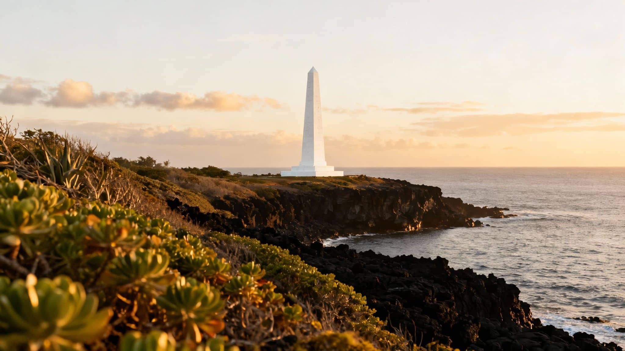 White obelisk monument on a rugged coastal cliff at sunset with calm ocean and warm sky.