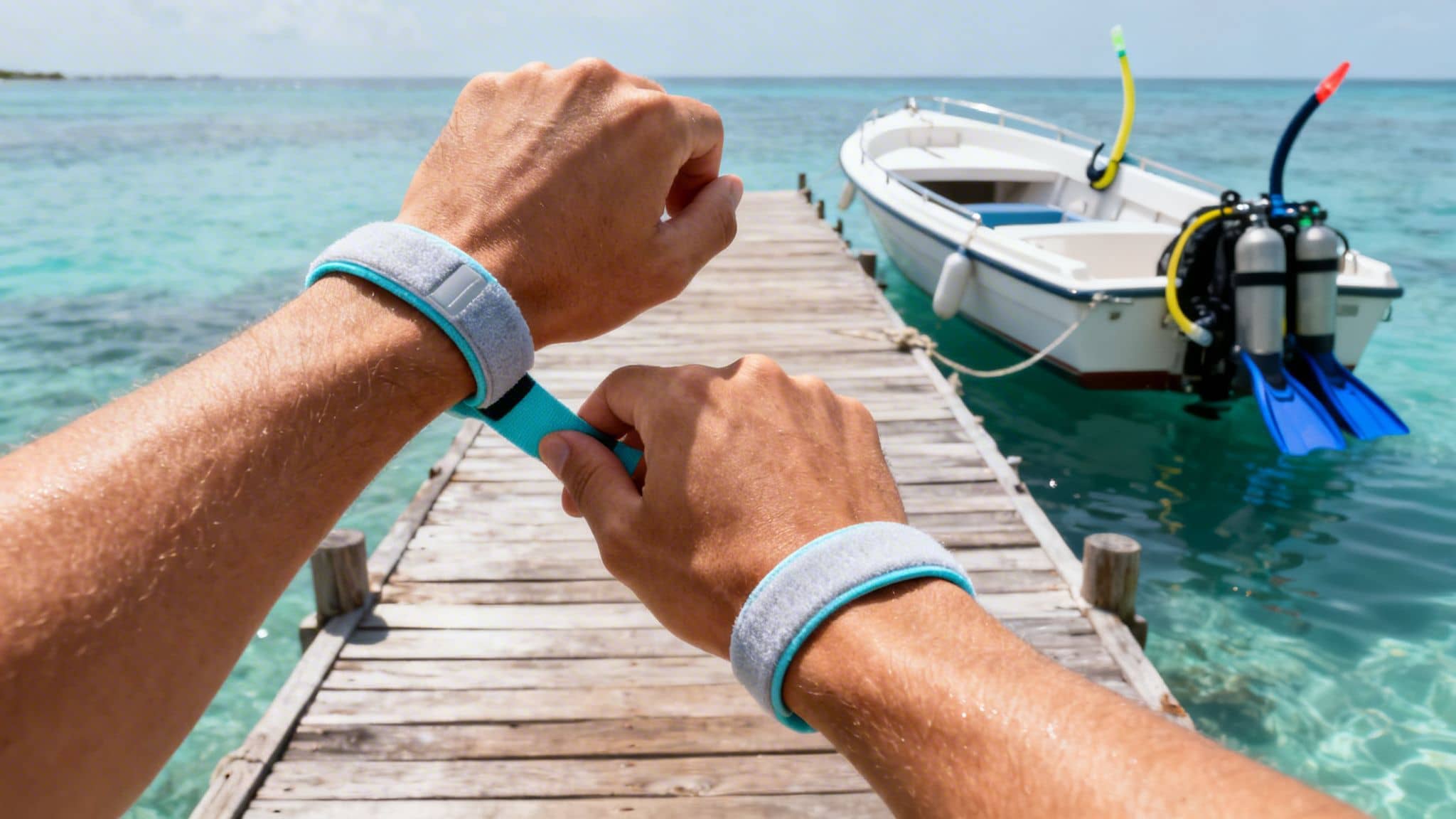Person on a pier wearing anti-sea sickness bracelets, with a boat and diving gear in the background.