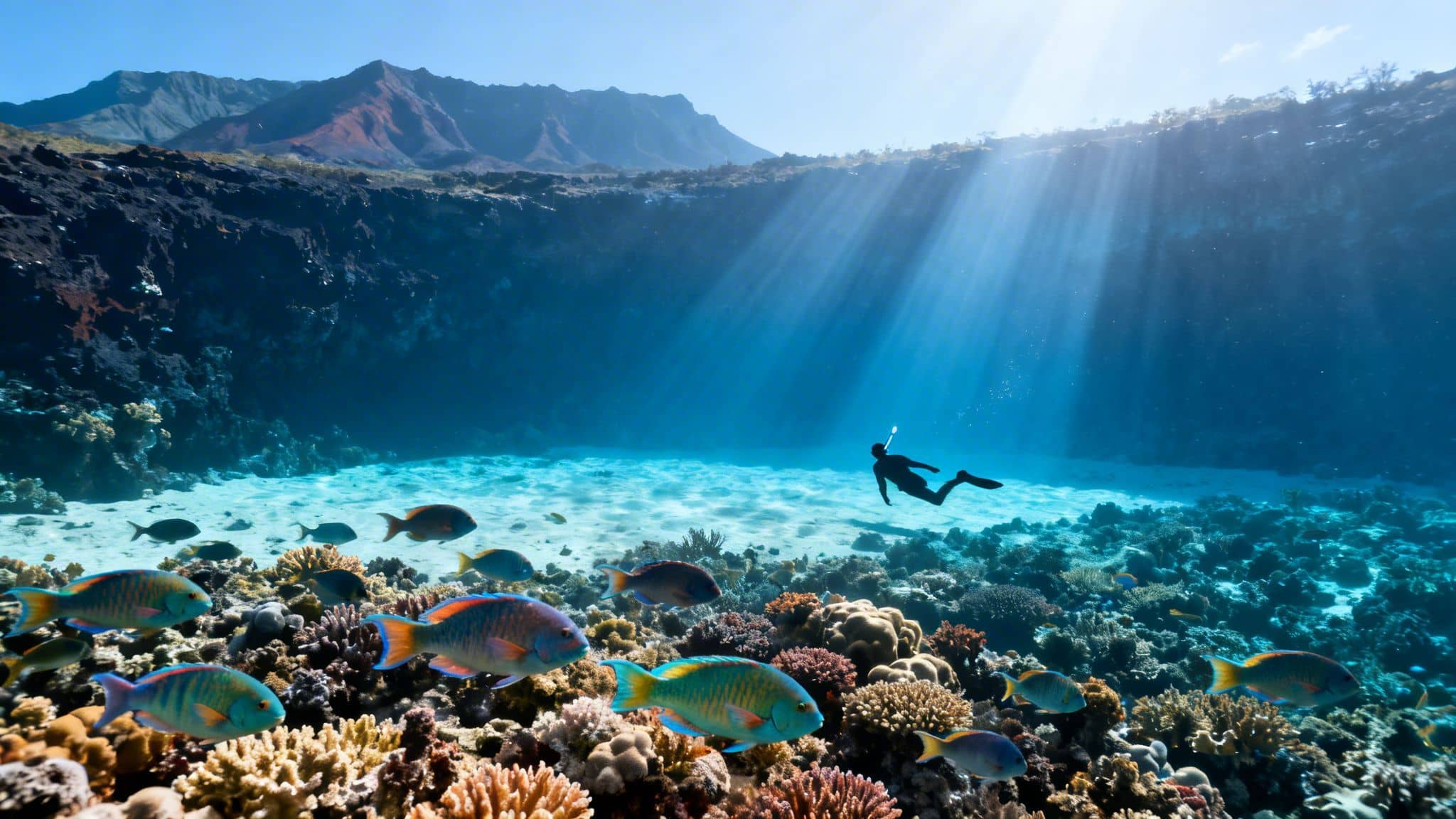 A snorkeler swims over a vibrant coral reef with colorful fish, sun rays, and a cliff backdrop.