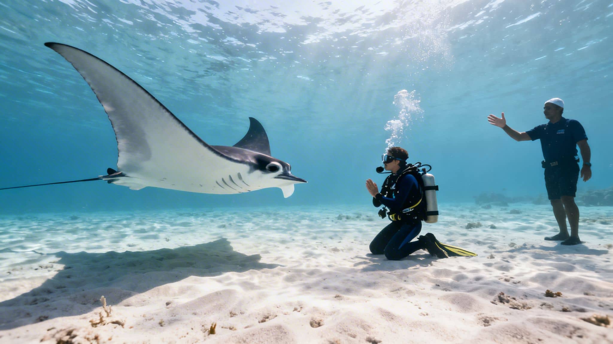 A diver kneels on a sandy seabed, looking at a manta ray while an instructor watches.